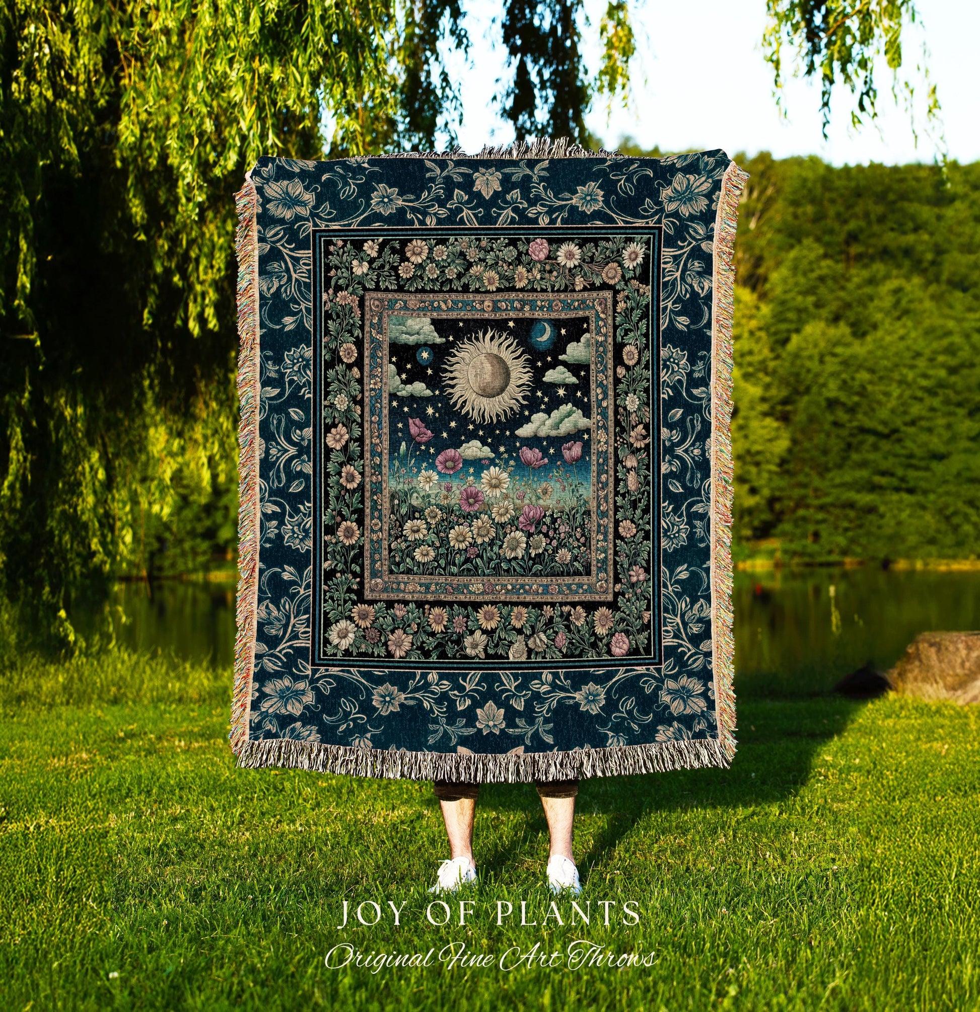 Floral Gothic Celestial Tapestry Woven | Witchy Tarot Sun Moon Stars Spiritual Tarot Decor Bohemian Indie Bedroom Cozy Cottagecore Aesthetic