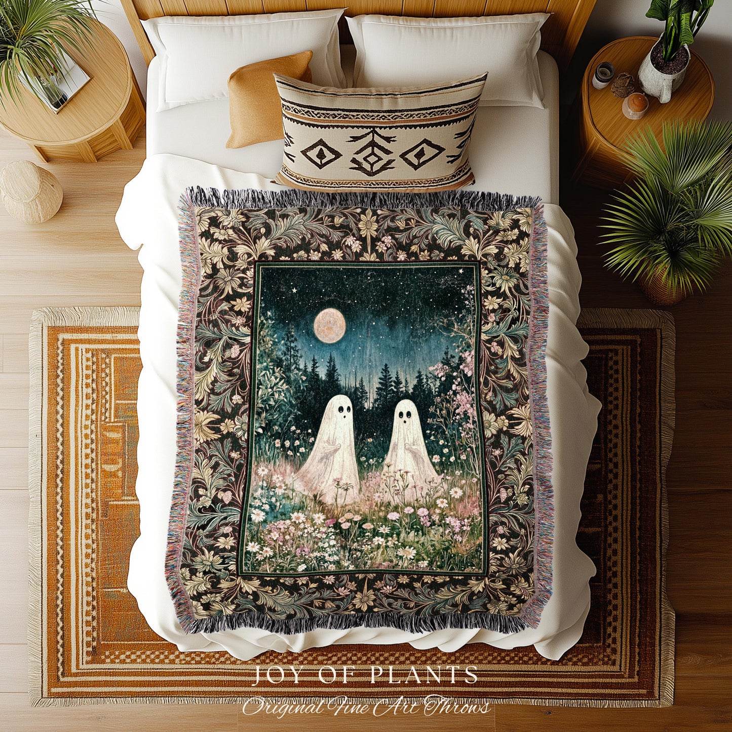 Autumn Spirits Lunar Meadow Ghost Throw | Spirit Tapestry Spooky Season Cottagecore Decor Gothic Enchantment Floral Blanket Woodland Fairy