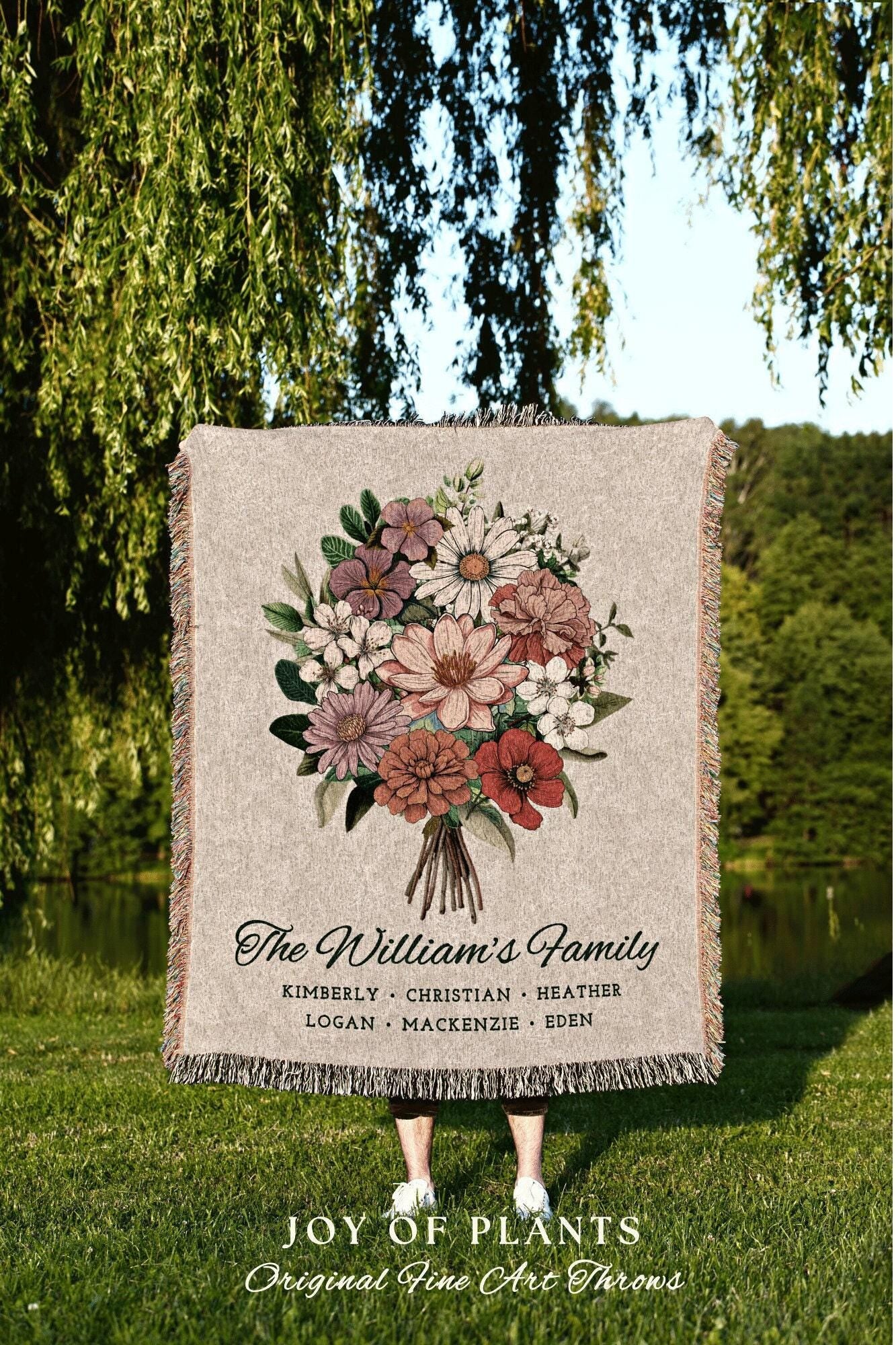 Custom Flower Bunch Blanket | Family Names Gift Mimi's Garden Birth Month Flower Custom Bouquet Custom Mom Blanket Woven Birth Flower Gifts