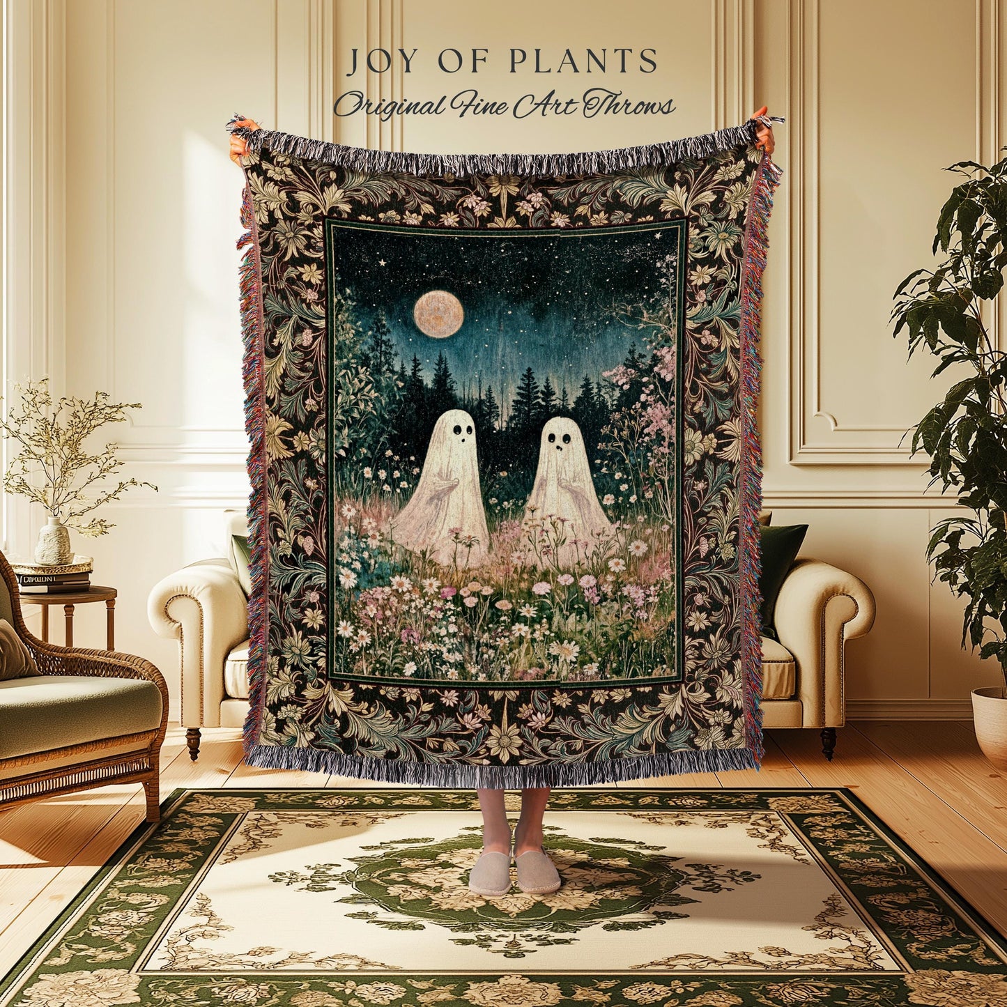 Autumn Spirits Lunar Meadow Ghost Throw | Spirit Tapestry Spooky Season Cottagecore Decor Gothic Enchantment Floral Blanket Woodland Fairy