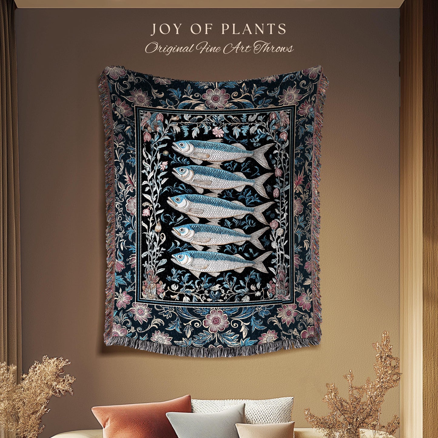 Whimsical Sea Life Sardine Woven Blanket | Cozy Nautical Lake House Throw Eclectic Coastal Aesthetic Maxmialist Tapestry Vintage Sea Life |
