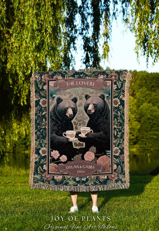 Cozy Aesthetic Bear Couple Custom Tapestry | Woodland Magic Personalized Wedding Anniversary Woven Tapestry Cute Gift Storybook Fairytale |