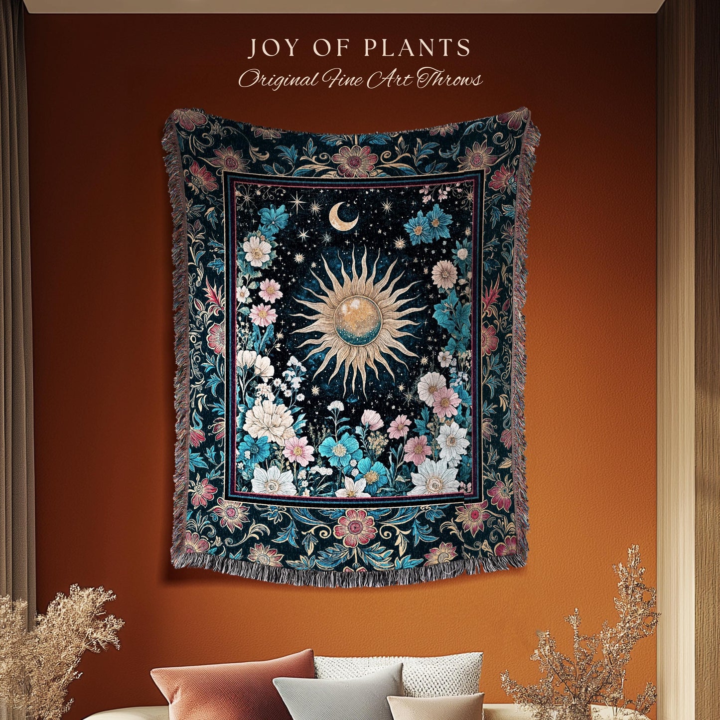 Celestial Sun Rustic Wall Tapestry | Eclectic Bedroom Accent Wildflowers Tapestry Cosmic Astrology Throw Blanket Psychedelic Tarot Decor |