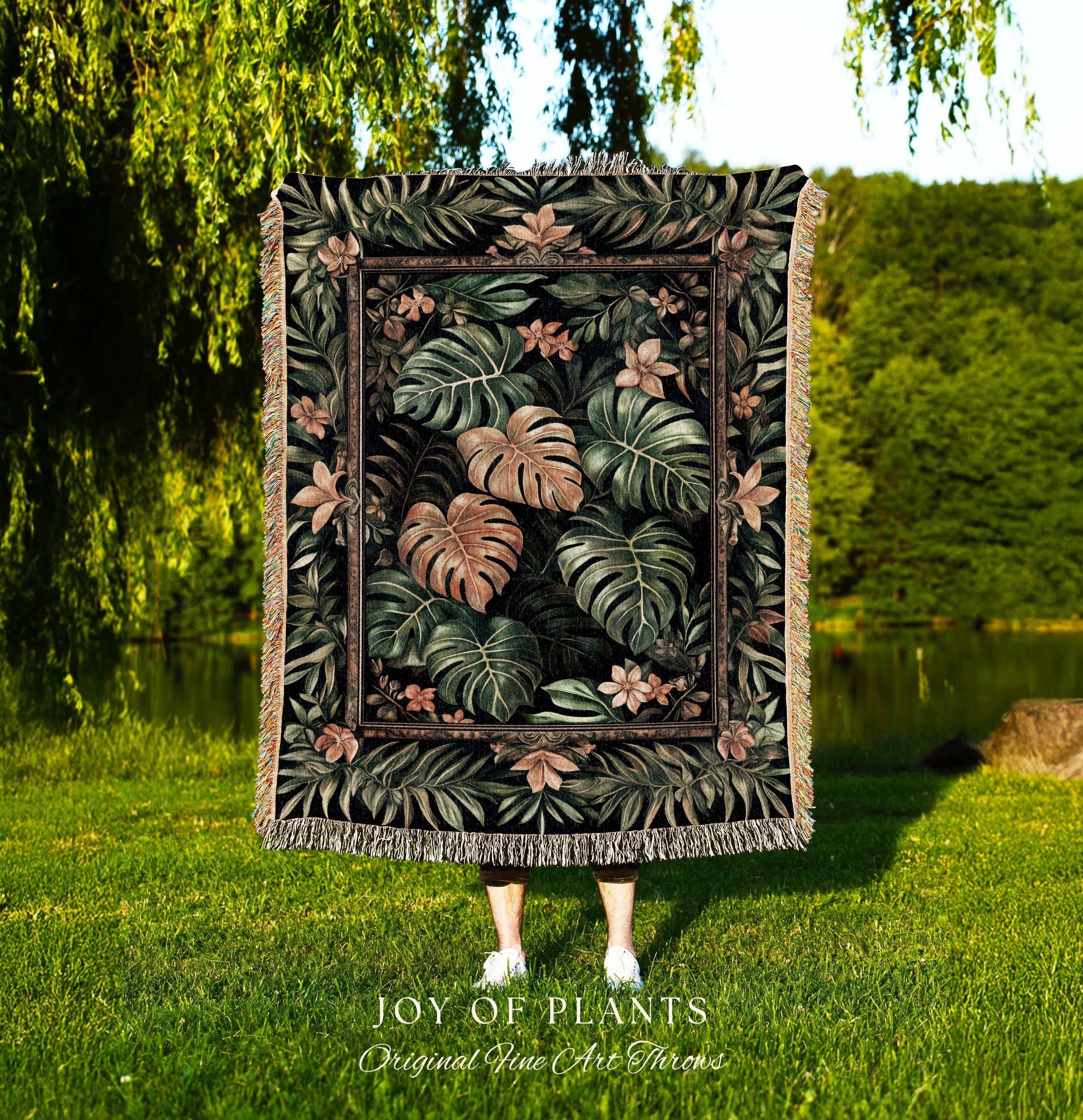 Floral Foliage Woven Monstera Tapestry | Whimsical Cottagecore Charm Jungle Vibes Forestcore Throw Enchanted Houseplant Lover Boho Blanket