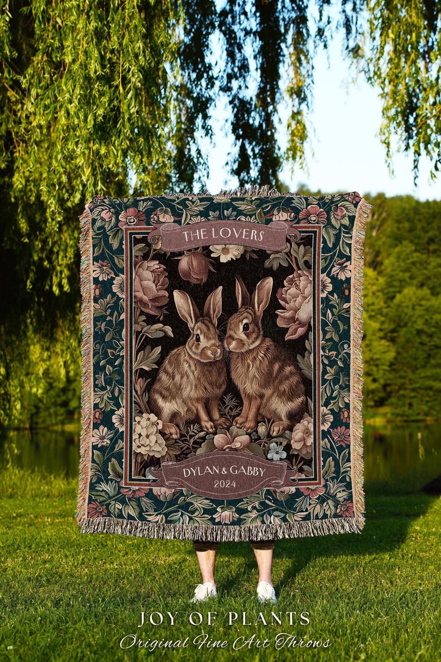 Soft Victorian Floral Rabbit Couple Blanket | Woodland Fairycore Bunny Blanket Cute Couples Woven Tapestry Pastel Cottagecore Personalized