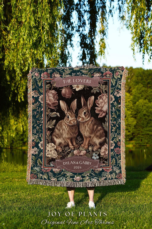 Soft Victorian Floral Rabbit Couple Blanket | Woodland Fairycore Bunny Blanket Cute Couples Woven Tapestry Pastel Cottagecore Personalized