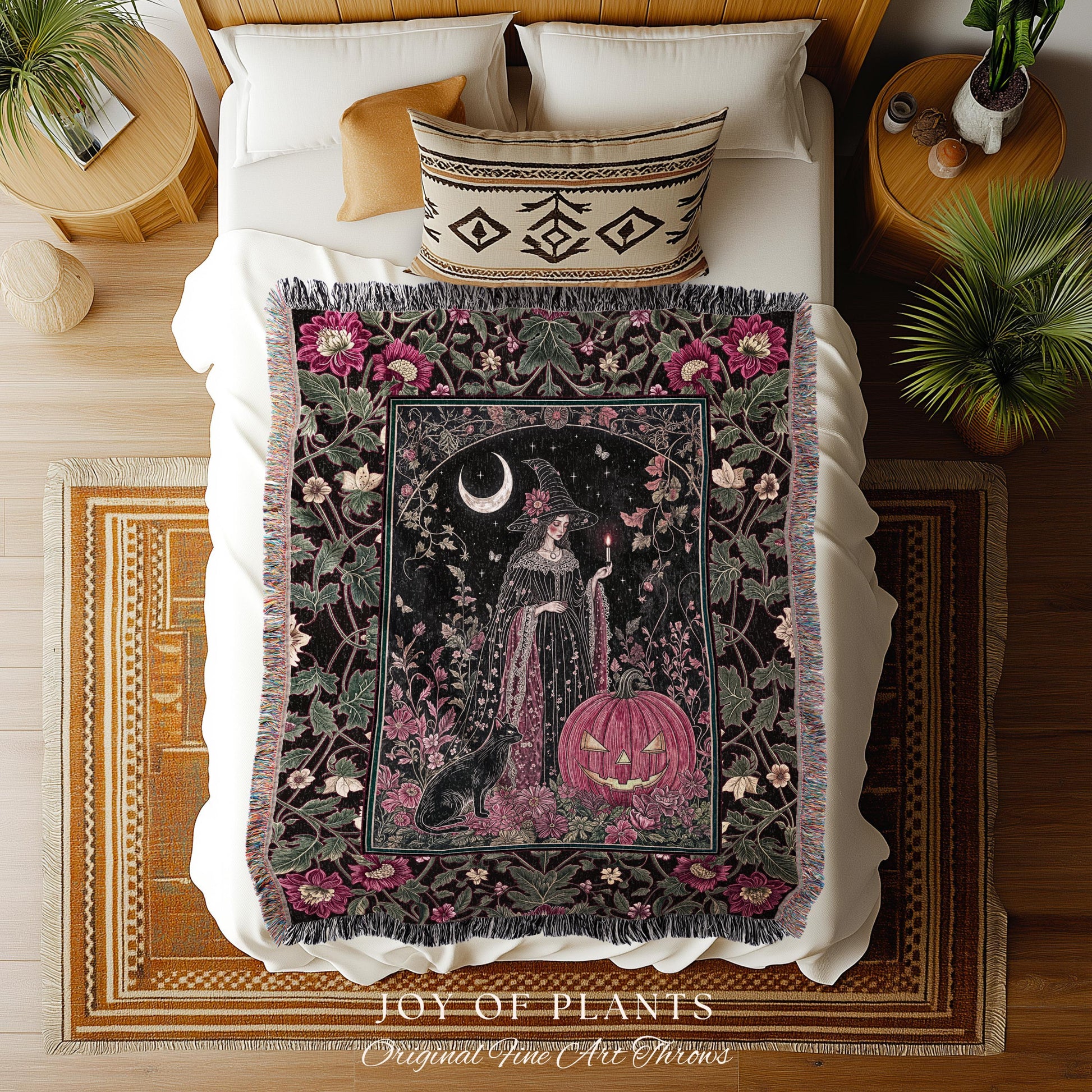 Retro Black Cat Witchy Aesthetic Blanket | Whimsigothic Decor Magical Woven Wall Tapestry Mystic Academia Cozy Dark Cottagecore Berry Pink |
