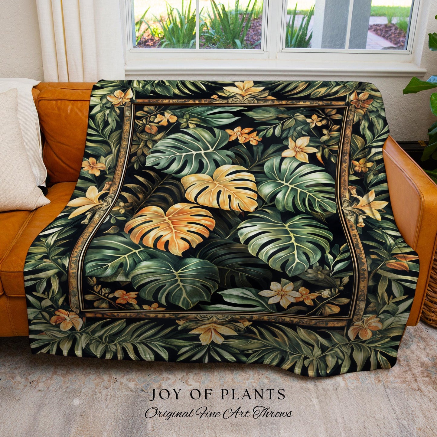 Floral Foliage Woven Monstera Tapestry | Whimsical Cottagecore Charm Jungle Vibes Forestcore Throw Enchanted Houseplant Lover Boho Blanket