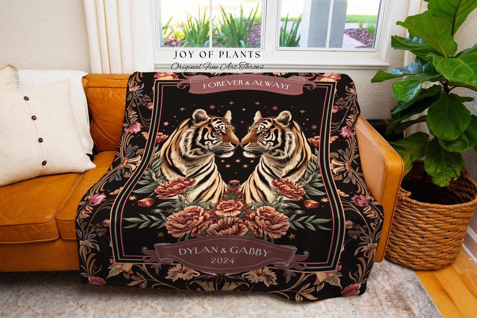 Forever and Always Tiger Tapestry Throw Blanket | Custom Saying Gift for Partner Cozy Woven Starry Night Blanket Personalized Anniversary |