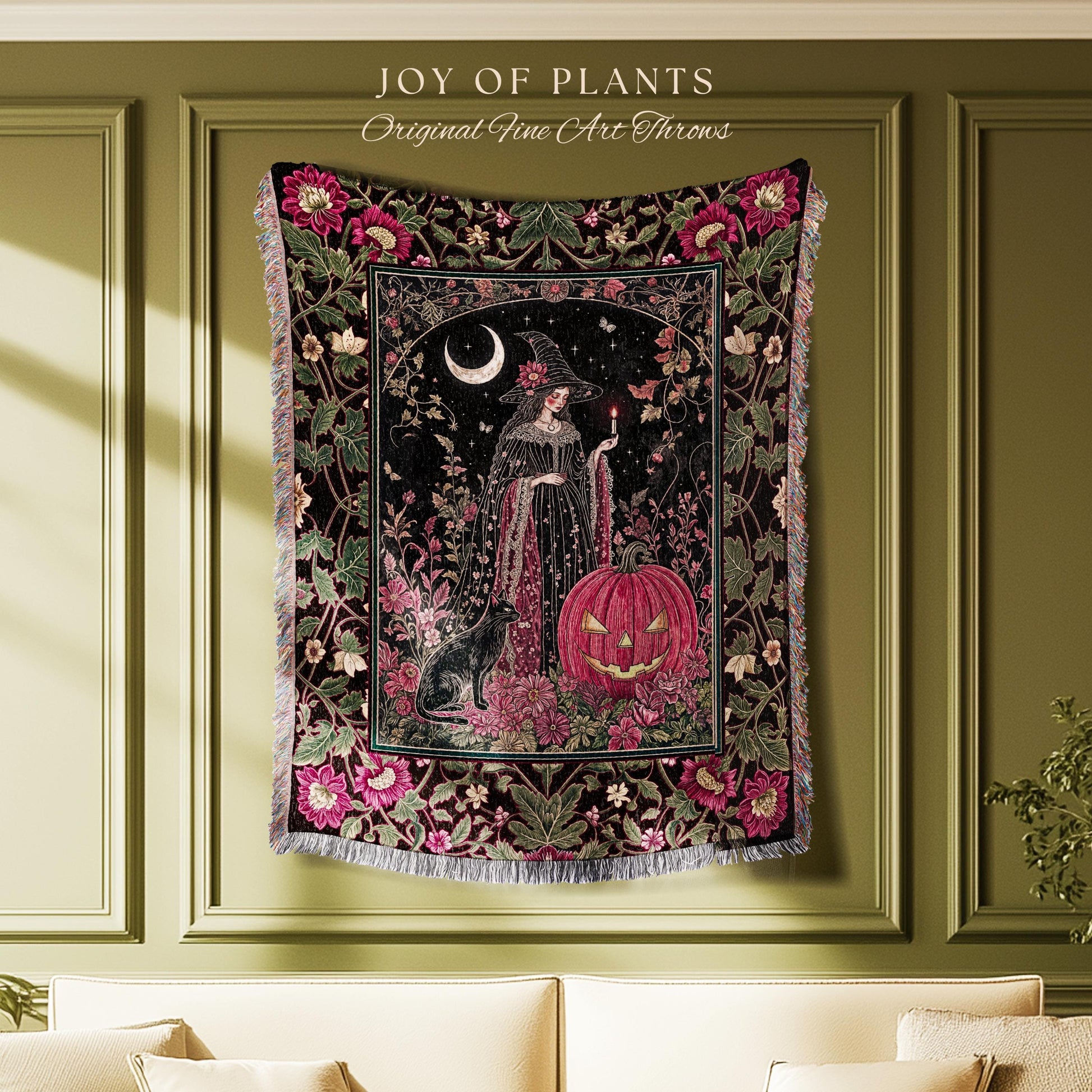 Retro Black Cat Witchy Aesthetic Blanket | Whimsigothic Decor Magical Woven Wall Tapestry Mystic Academia Cozy Dark Cottagecore Berry Pink |