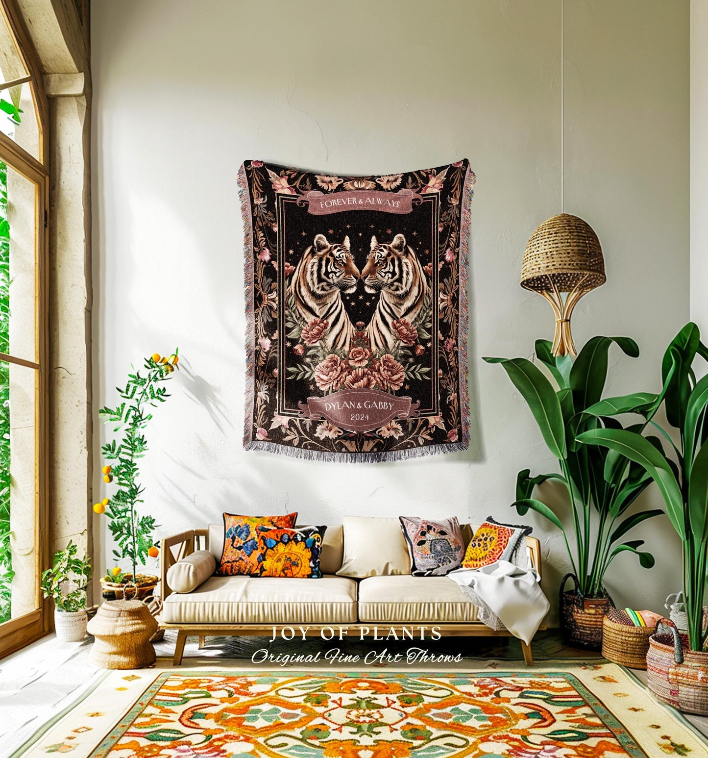 Forever and Always Tiger Tapestry Throw Blanket | Custom Saying Gift for Partner Cozy Woven Starry Night Blanket Personalized Anniversary |