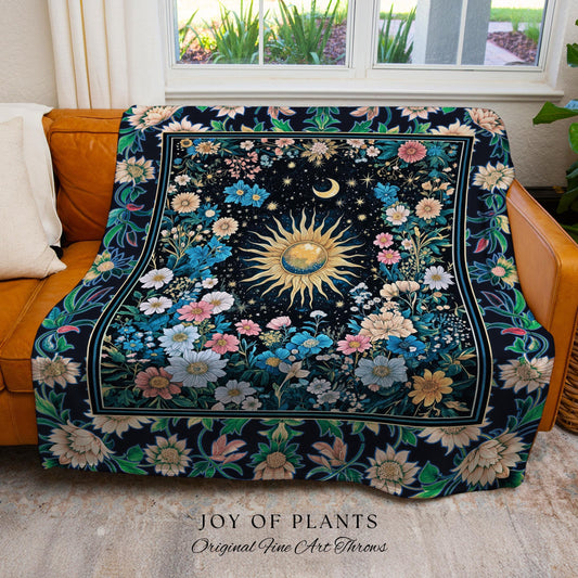 Colorful Maximalist Boho Sun Blanket | Whimsigothic Tarot Tapestry Woven Celestial Spiritual Decor Bohemian Indie Bedroom Sun and Moon Cozy