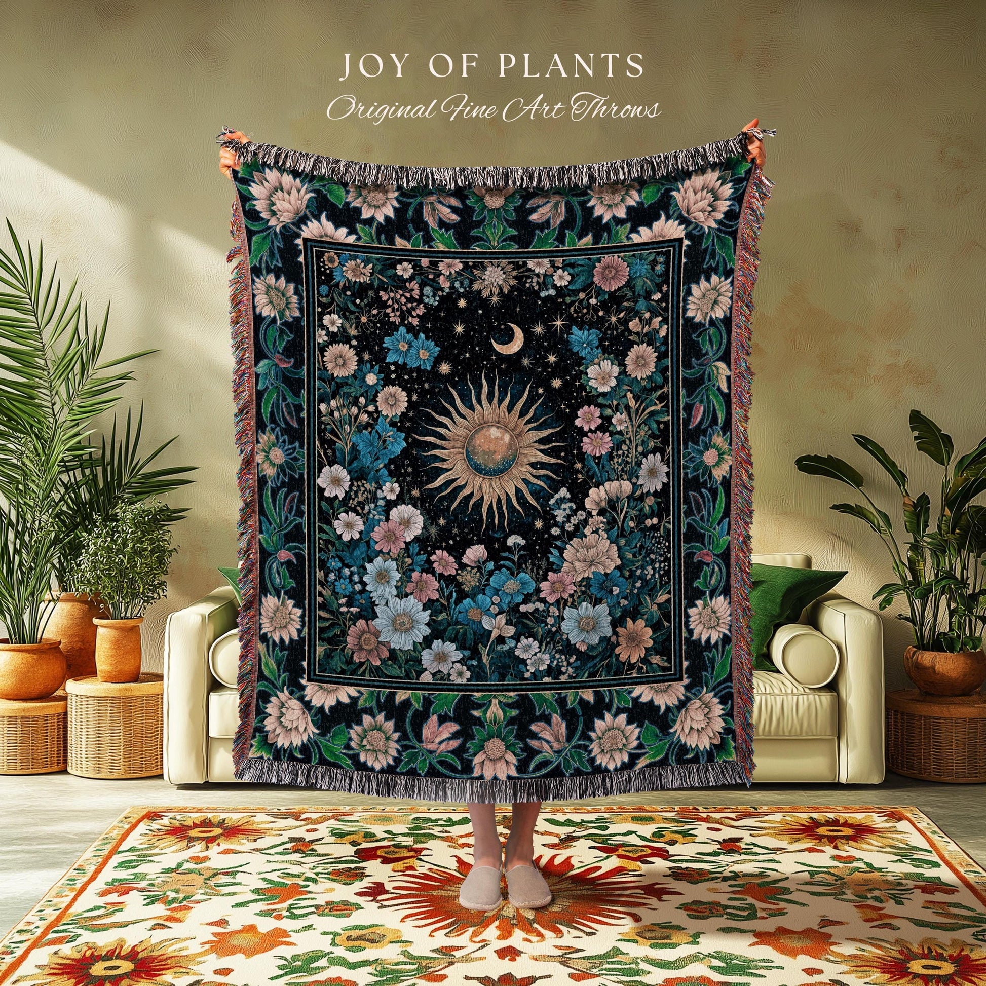 Colorful Maximalist Boho Sun Blanket | Whimsigothic Tarot Tapestry Woven Celestial Spiritual Decor Bohemian Indie Bedroom Sun and Moon Cozy