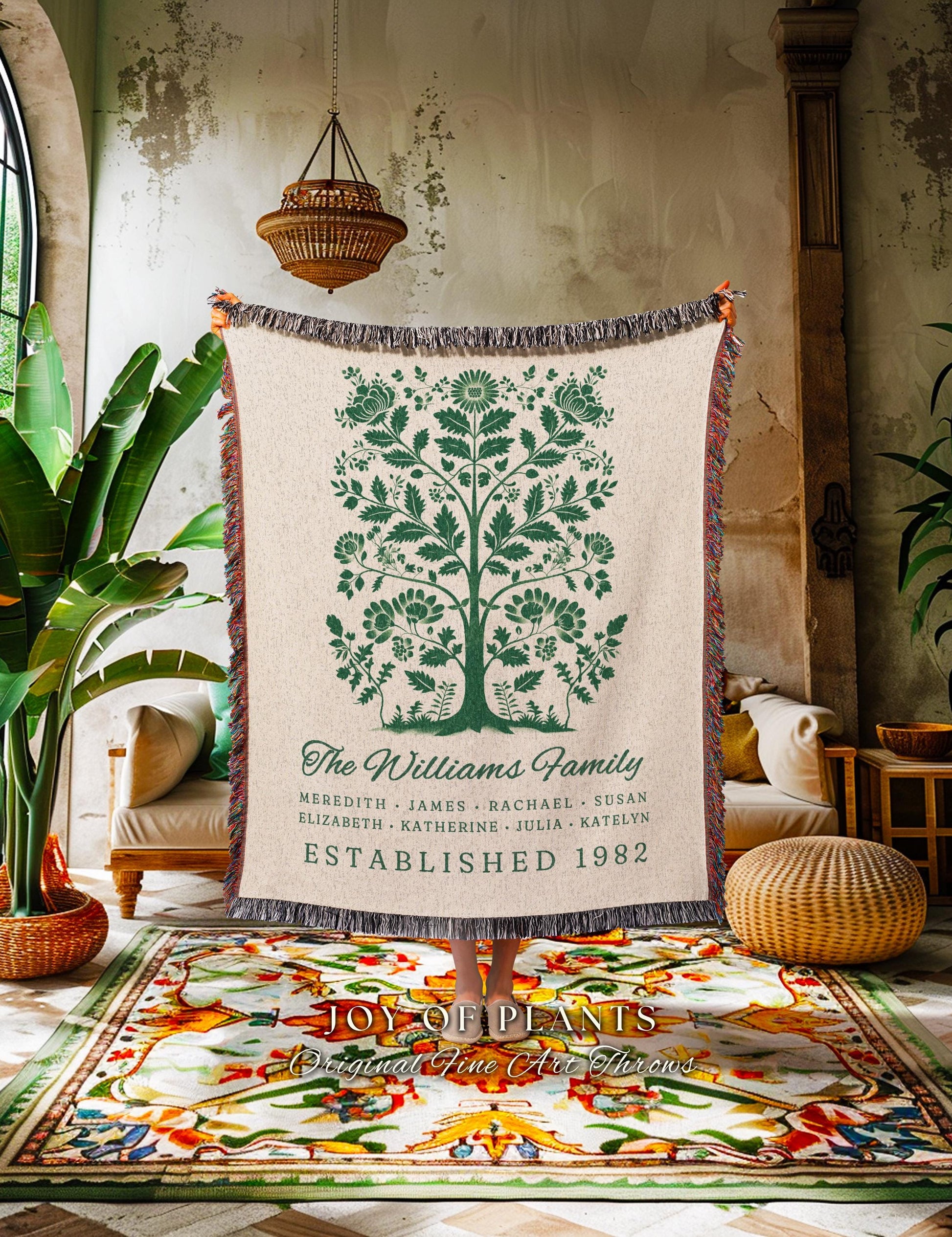 Retro Personalized Family Tree Blanket with Names Rustic Farmhouse Art Decor | Thoughtful Gift for Grandparents Custom Woven Tapestry Throw