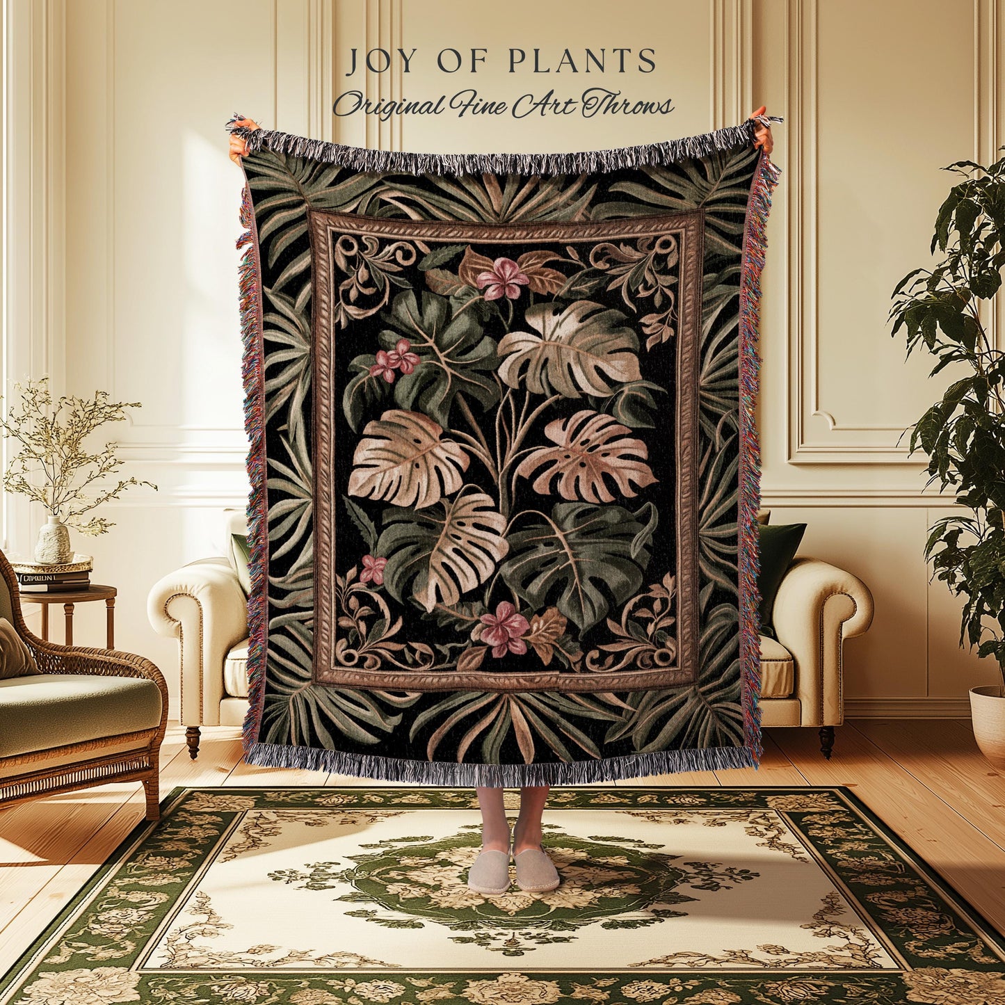 Trendy Tropical Leaves Woven Coverlet | Whimsical Wall Art Monstera Tapestry for Plant Lovers Maximalist Jungle Cottagecore Whimsy Blanket |