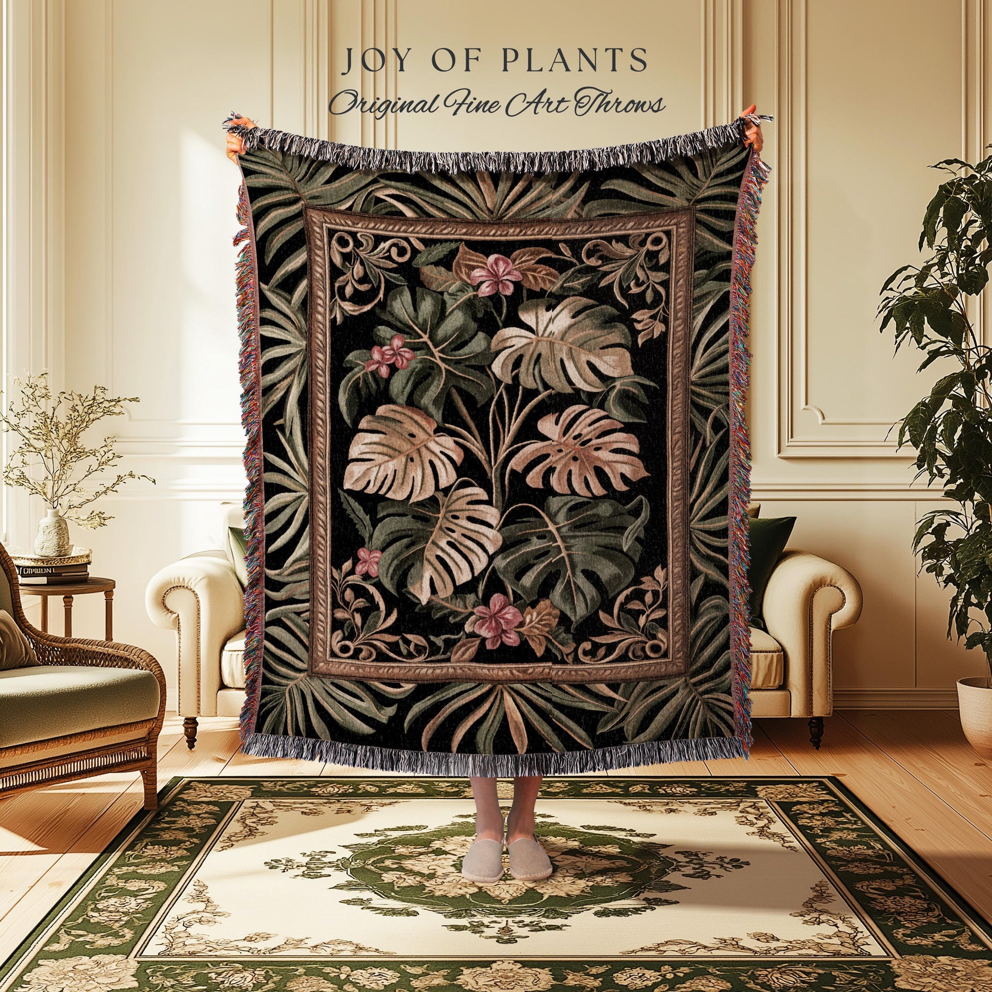 Trendy Tropical Leaves Woven Coverlet | Whimsical Wall Art Monstera Tapestry for Plant Lovers Maximalist Jungle Cottagecore Whimsy Blanket |