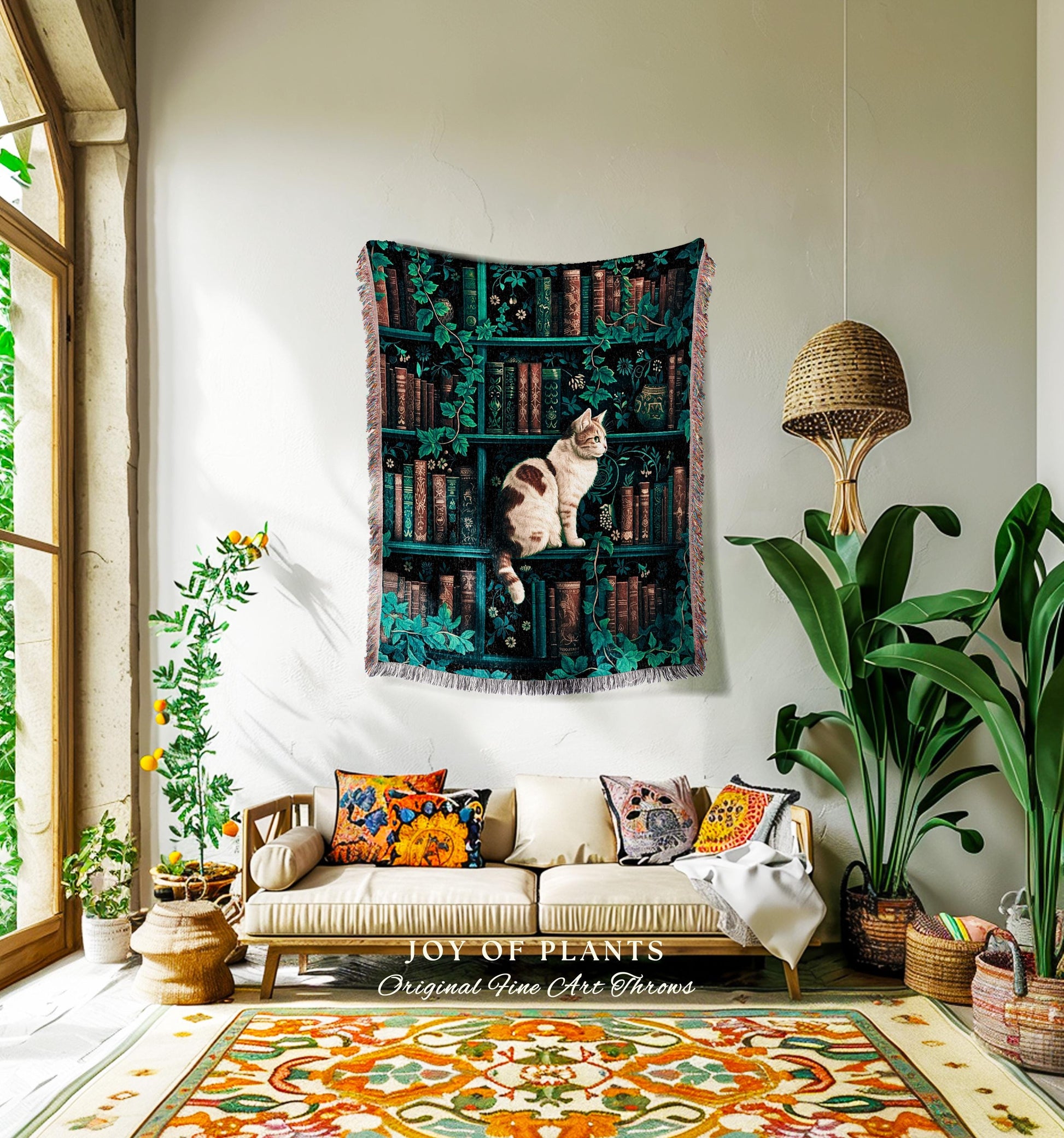 Witchy Cat Bookshelf Tapestry Gothic | Whimsigothic Bedroom Decor Reading Blanket Dark Cottagecore Woven Wall Hanging Vintage Botanical Cozy