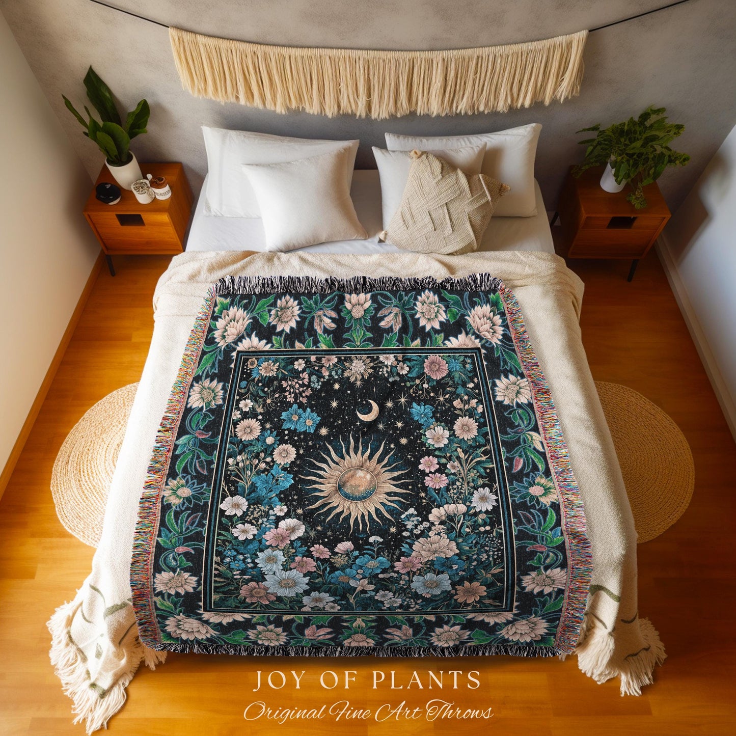 Colorful Maximalist Boho Sun Blanket | Whimsigothic Tarot Tapestry Woven Celestial Spiritual Decor Bohemian Indie Bedroom Sun and Moon Cozy