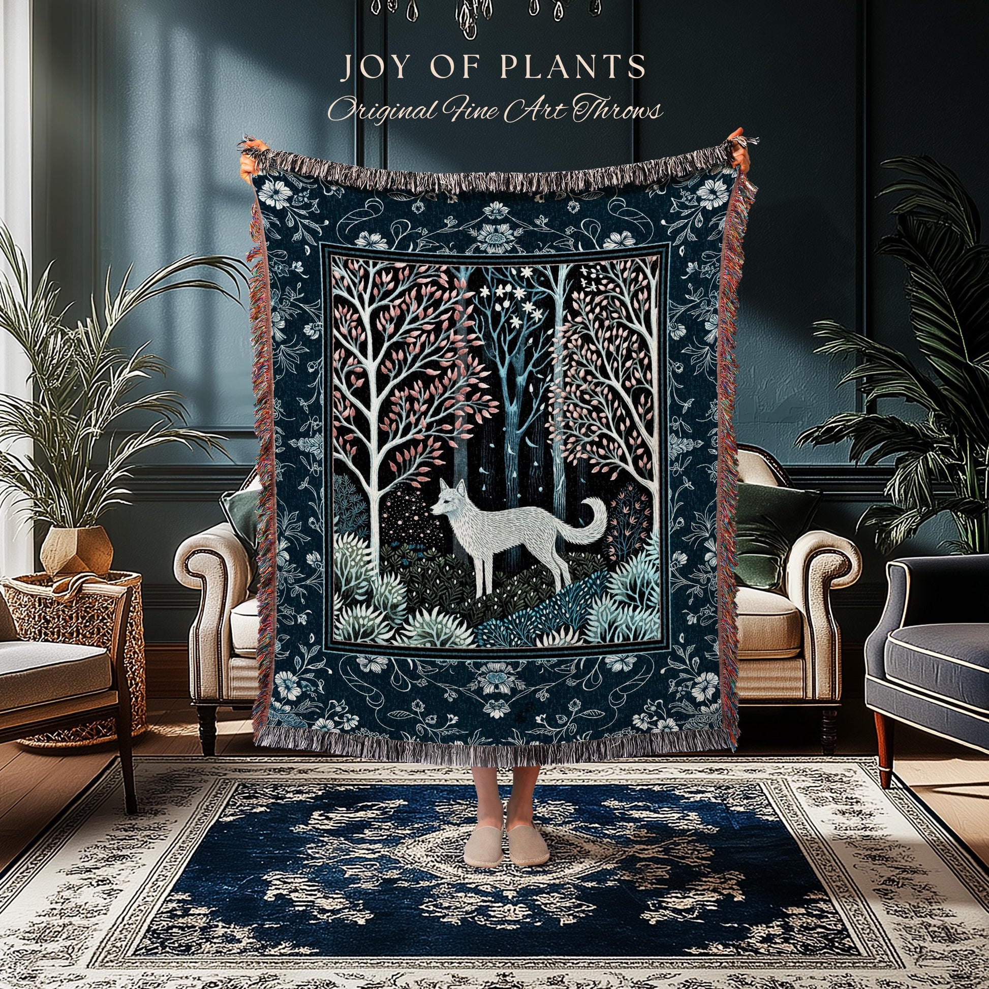 Earthy Colors Woodland Wolf Blanket | Bohemian Aesthetic Playful Pastel Nursery Tapestry Whimsical Forest Scandinavian Folklore Fairytale |