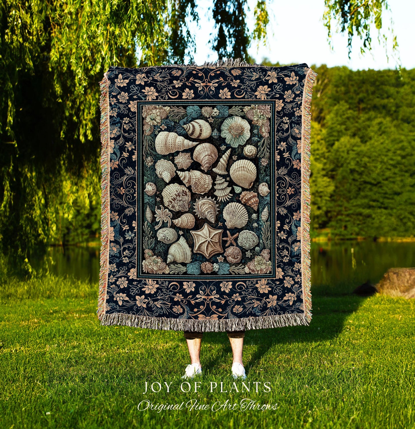 Boho Seashells Rustic Woven Throw Blanket | Coastal Inspired Beach House Bedding Summer Decorating Shell Wall Art Tapestry Nautical Artwork