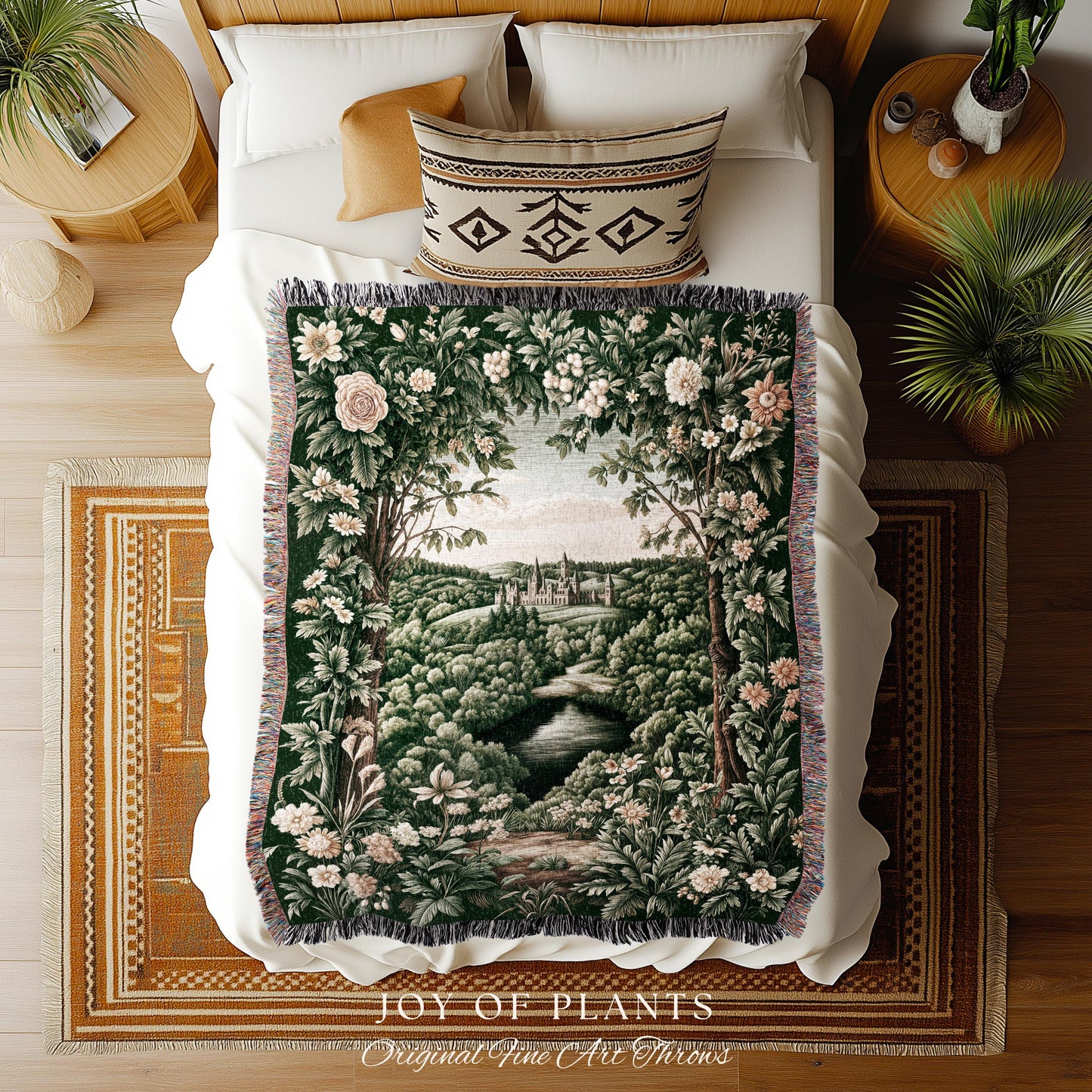 Castle Landscape Botanical Throw Blanket | Fairytale Aesthetic Mystic Garden Tapestry Throw Fairycore Woodland Nature Princesscore Blanket