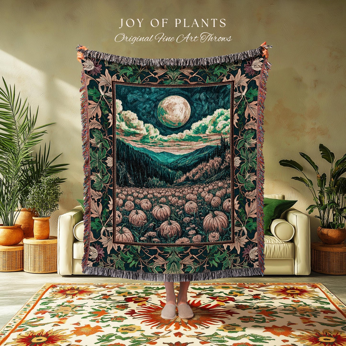 Elegant Harvest Moon Cozy Throw Blanket | Spooky Season Aesthetic Gothic Decor Whimsigoth Pumpkin Rustic Autumn Tapestry Witchy Landscape |