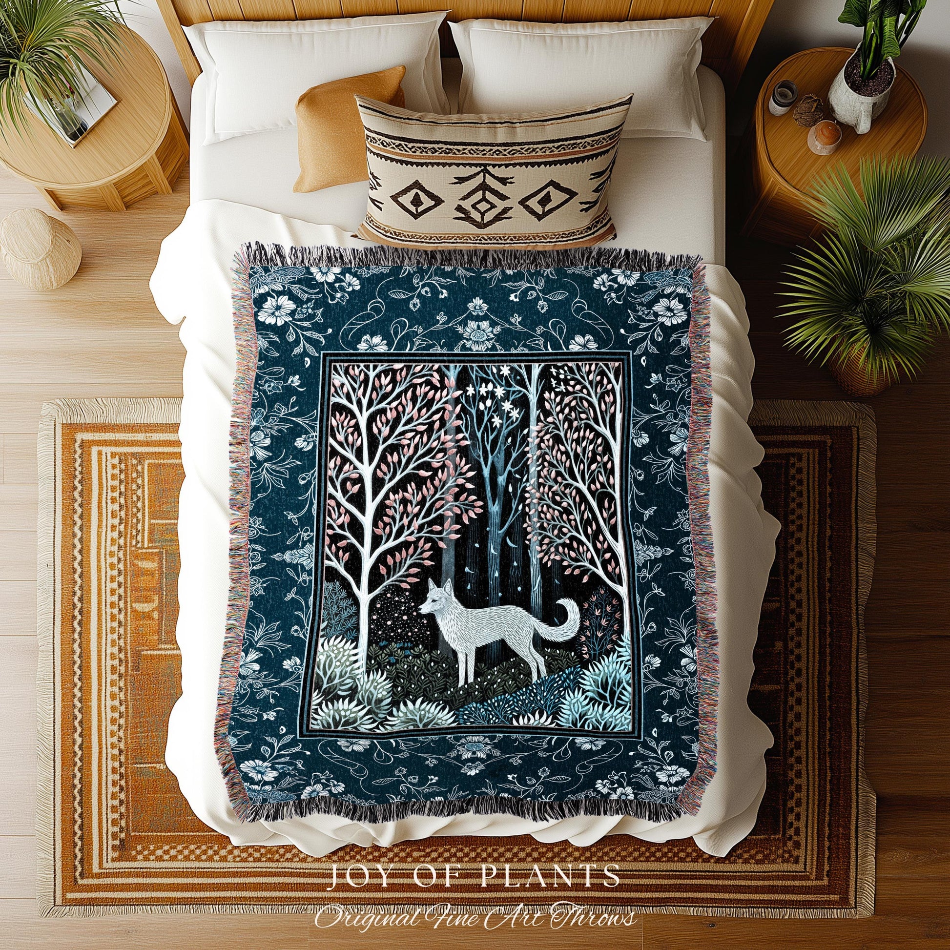 Earthy Colors Woodland Wolf Blanket | Bohemian Aesthetic Playful Pastel Nursery Tapestry Whimsical Forest Scandinavian Folklore Fairytale |