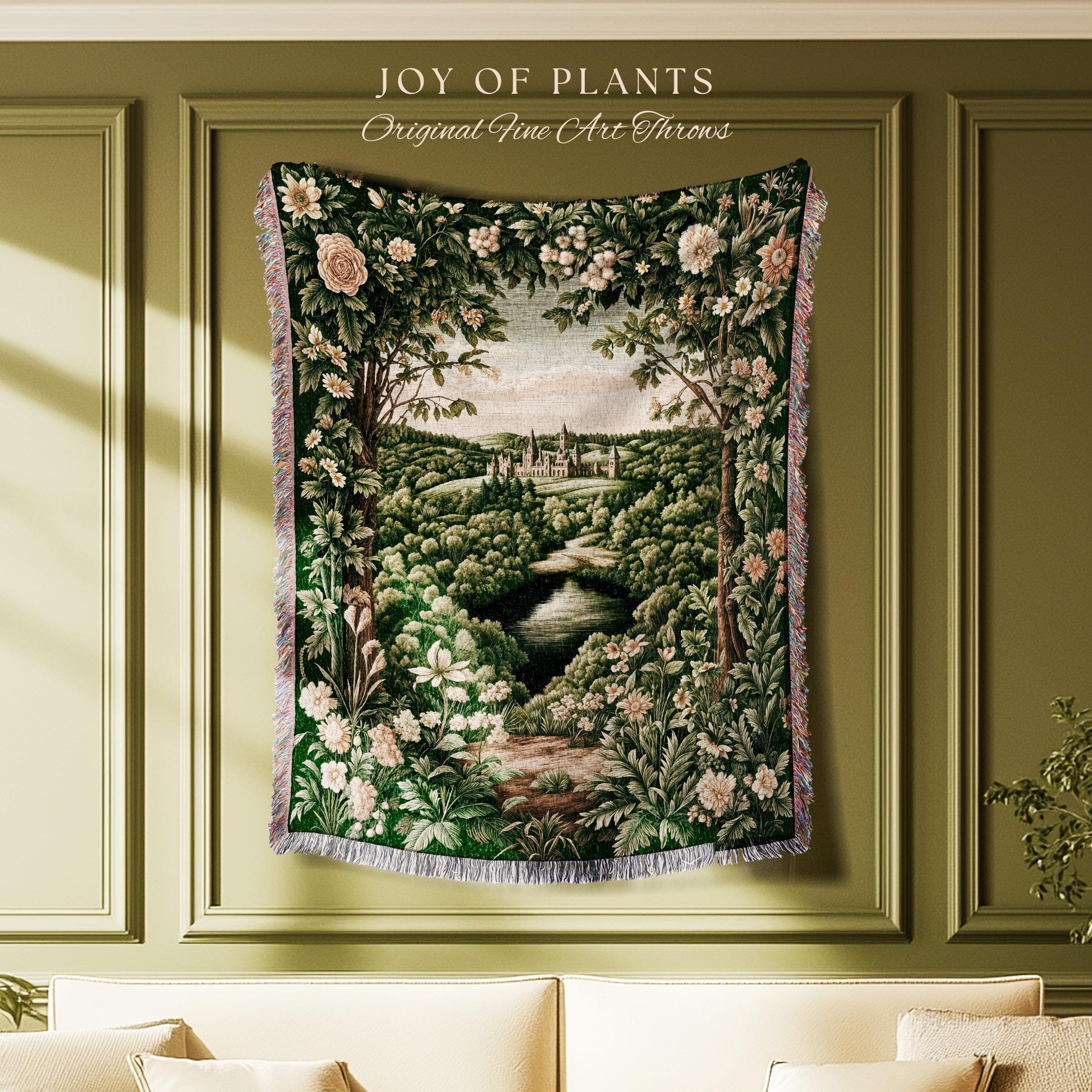 Castle Landscape Botanical Throw Blanket | Fairytale Aesthetic Mystic Garden Tapestry Throw Fairycore Woodland Nature Princesscore Blanket