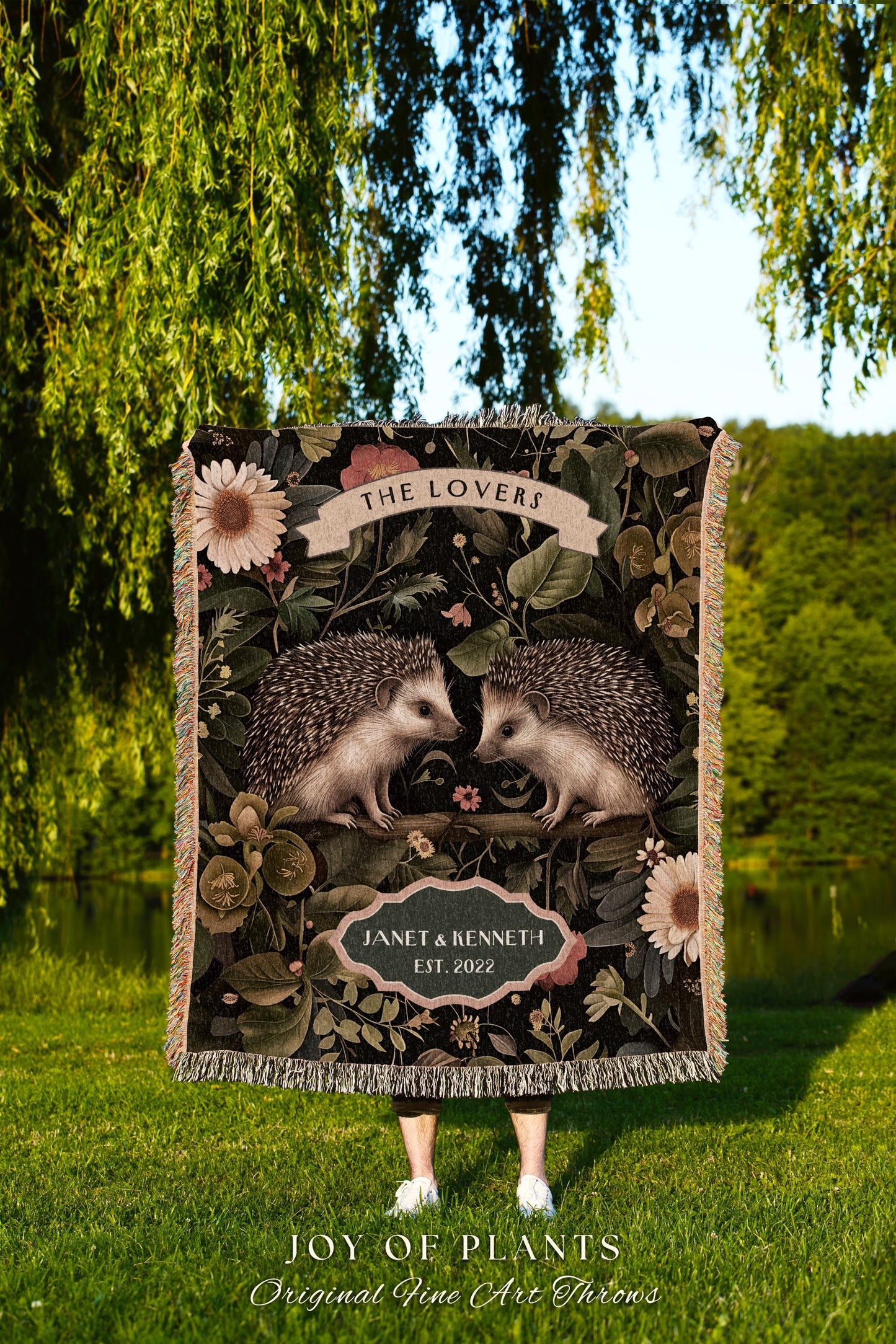 Rustic Floral Hedgehog Couple Blanket | Botanical Woodland Aesthetic Custom Anniversary Year Tapestry Woven Personalized Name Hedge Hog Gift