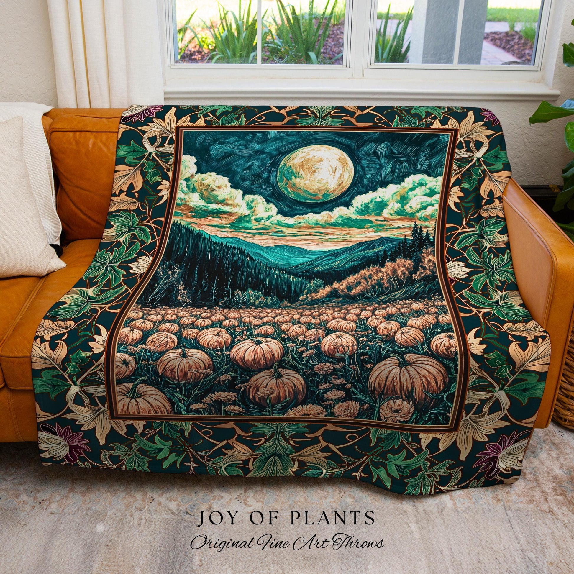 Elegant Harvest Moon Cozy Throw Blanket | Spooky Season Aesthetic Gothic Decor Whimsigoth Pumpkin Rustic Autumn Tapestry Witchy Landscape |