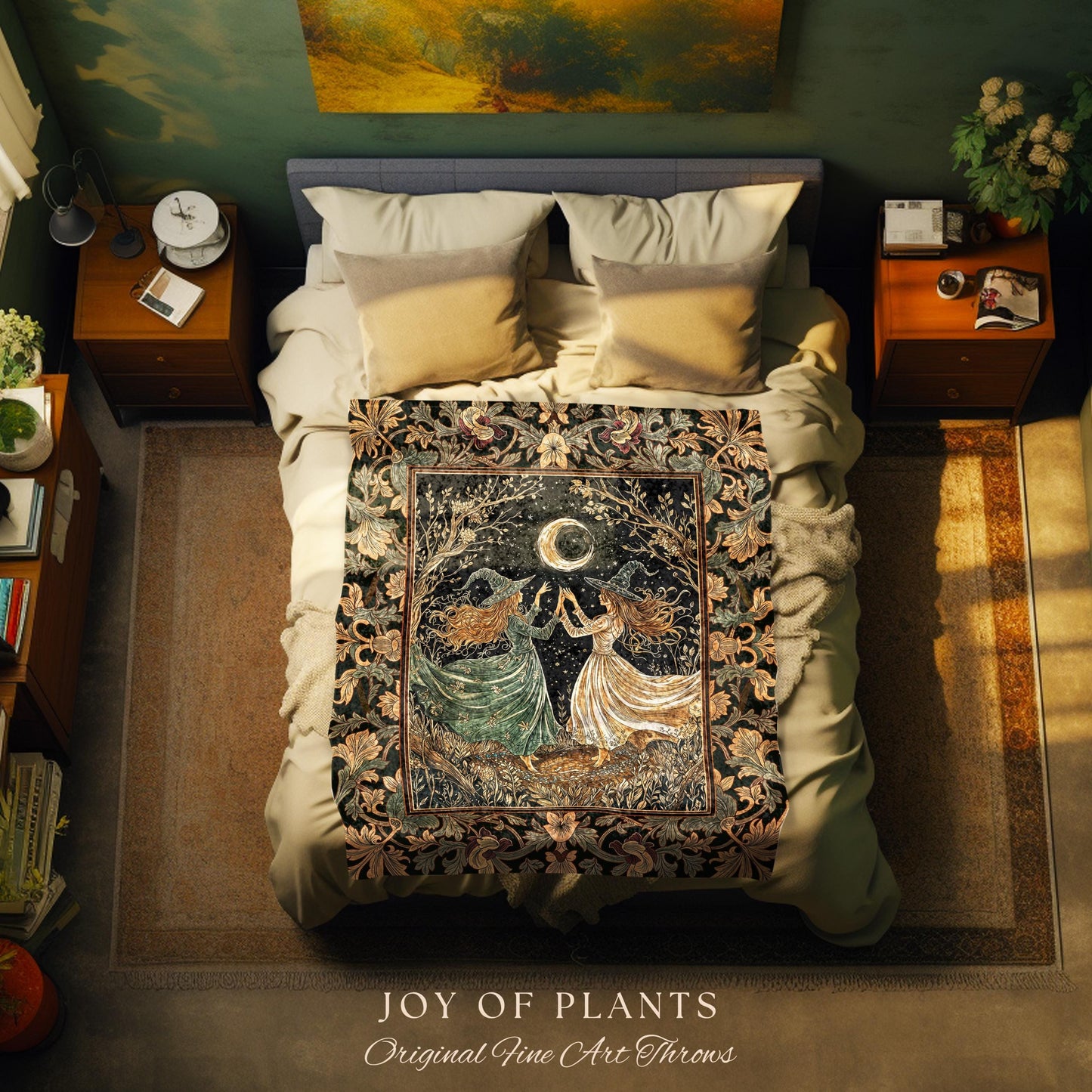 Witch Sisters Under Autumn Moon Blanket | Whimsigoth Mystic Cottagecore Throw Witchcraft Decor Dark Academia Wall Tapestry Celestial Magic