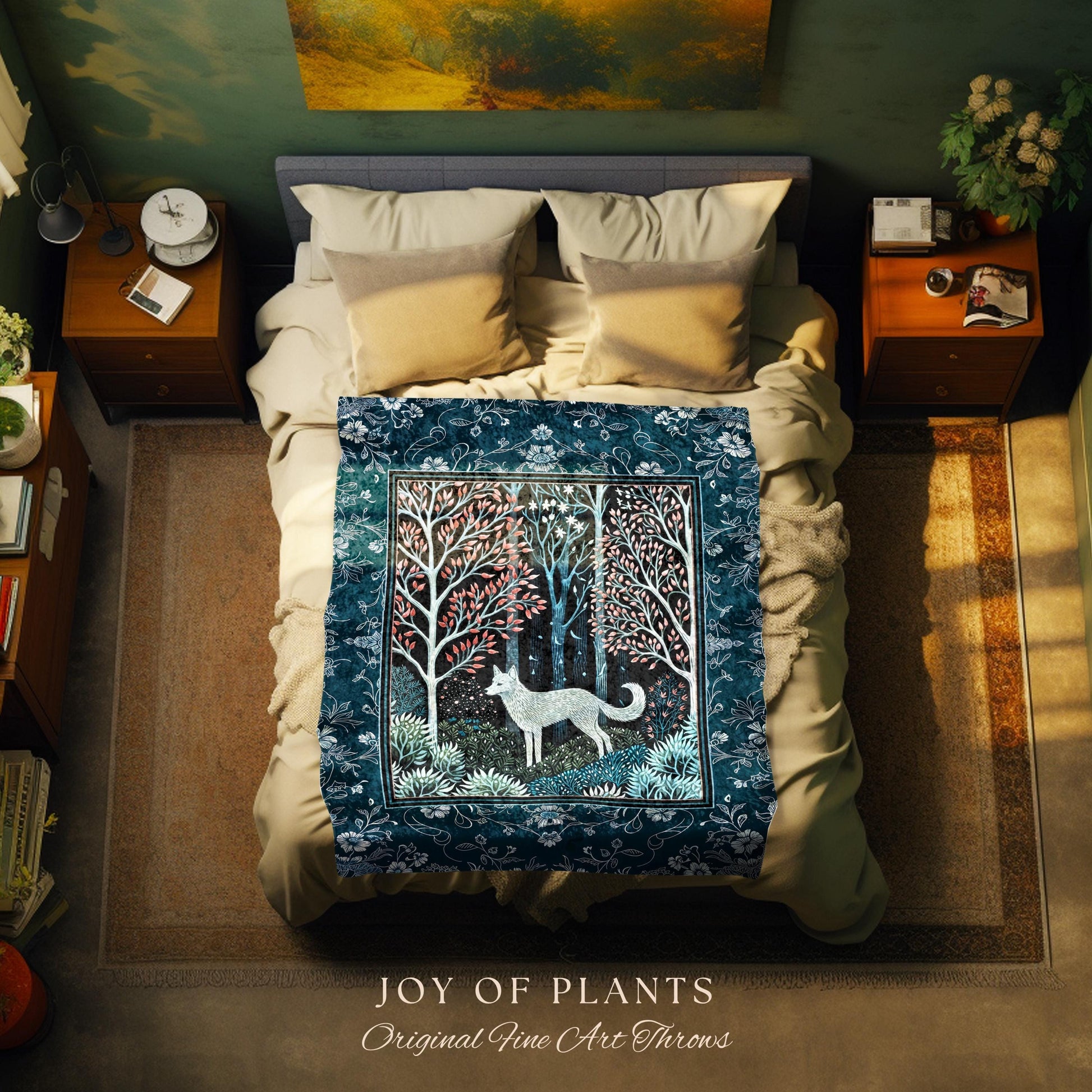 Earthy Colors Woodland Wolf Blanket | Bohemian Aesthetic Playful Pastel Nursery Tapestry Whimsical Forest Scandinavian Folklore Fairytale |