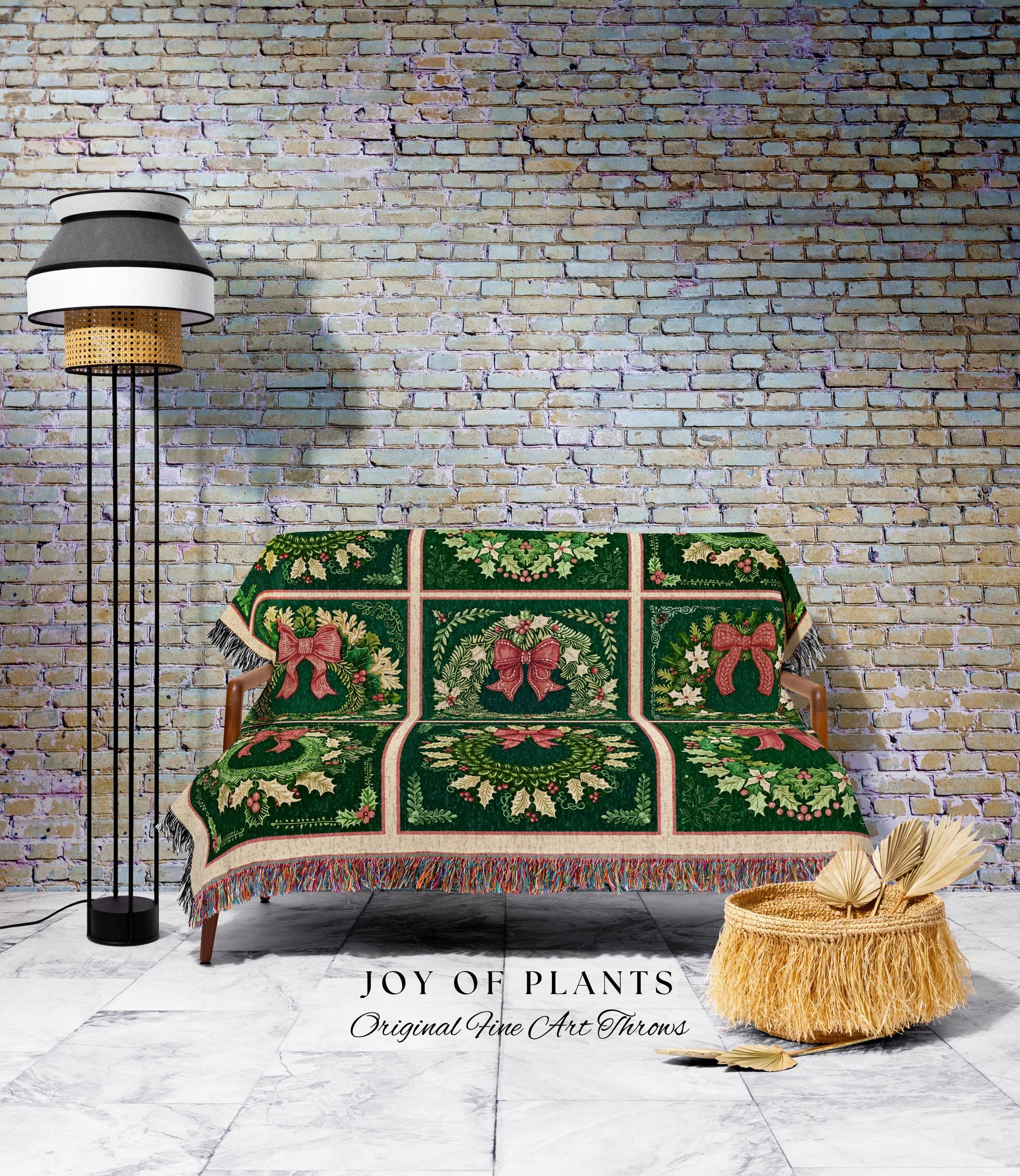 Rustic Green Checkered Blanket Christmas Wreath Woven Throw Farmhouse Holiday Decor | Vintage Aesthetic Woodland Cottagecore Winter Tapestry