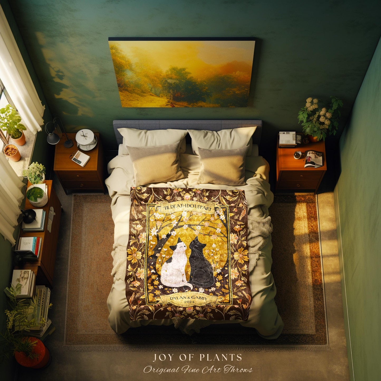 Romantic Cat Couple Custom Woven Blanket | Ethereal Woodland Aesthetic Woven Throw Custom Dark Academia Gift for Girlfriend Enchanted Forest