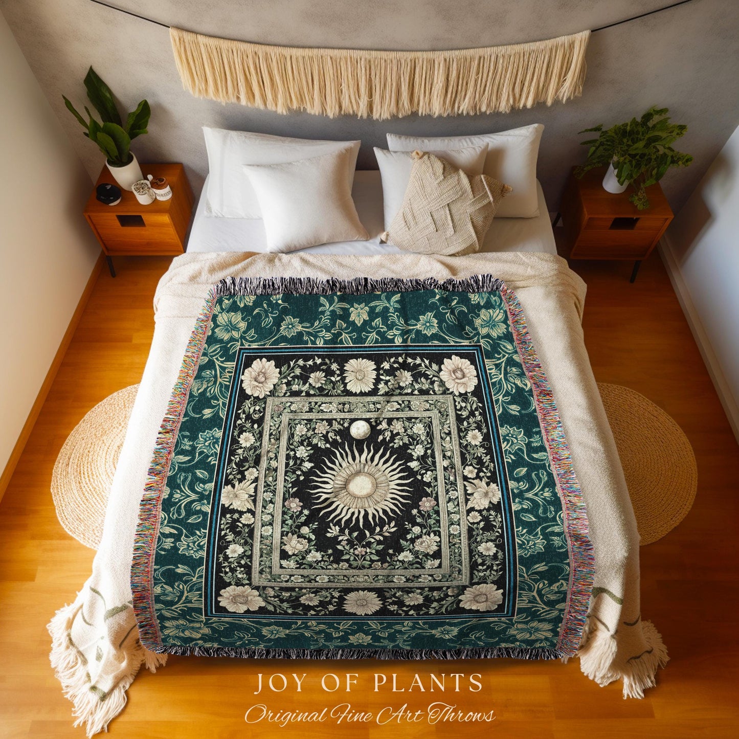 Witchy Celestial Sun Tapestry Woven | Magical Mystical Cozy Throw Blanket Astrology Tapestry Spiritual Golden Sun Dark Academia Maximalist |