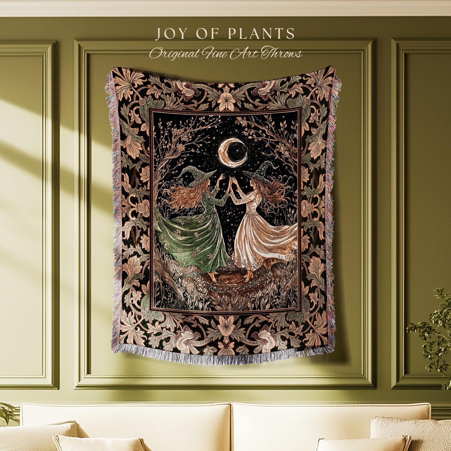 Witch Sisters Under Autumn Moon Blanket | Whimsigoth Mystic Cottagecore Throw Witchcraft Decor Dark Academia Wall Tapestry Celestial Magic