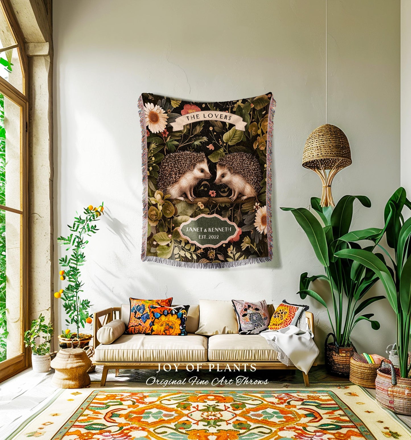 Rustic Floral Hedgehog Couple Blanket | Botanical Woodland Aesthetic Custom Anniversary Year Tapestry Woven Personalized Name Hedge Hog Gift