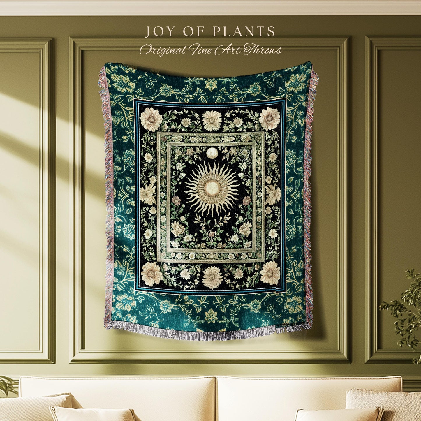Witchy Celestial Sun Tapestry Woven | Magical Mystical Cozy Throw Blanket Astrology Tapestry Spiritual Golden Sun Dark Academia Maximalist |