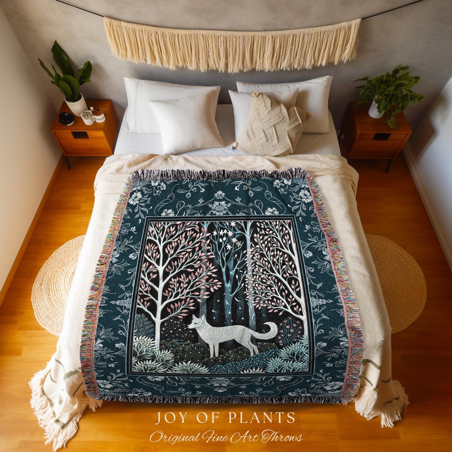 Earthy Colors Woodland Wolf Blanket | Bohemian Aesthetic Playful Pastel Nursery Tapestry Whimsical Forest Scandinavian Folklore Fairytale |