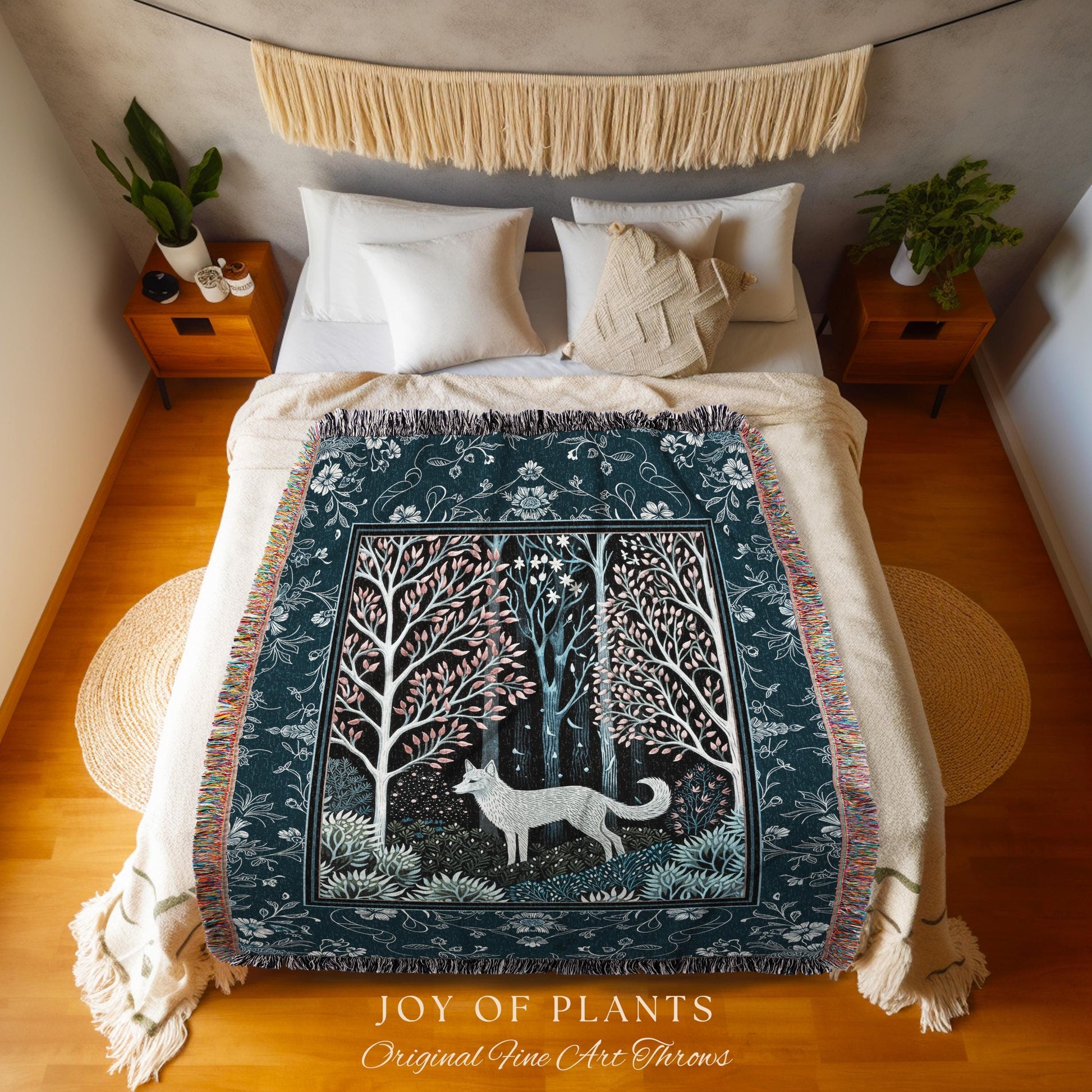 Earthy Colors Woodland Wolf Blanket | Bohemian Aesthetic Playful Pastel Nursery Tapestry Whimsical Forest Scandinavian Folklore Fairytale |