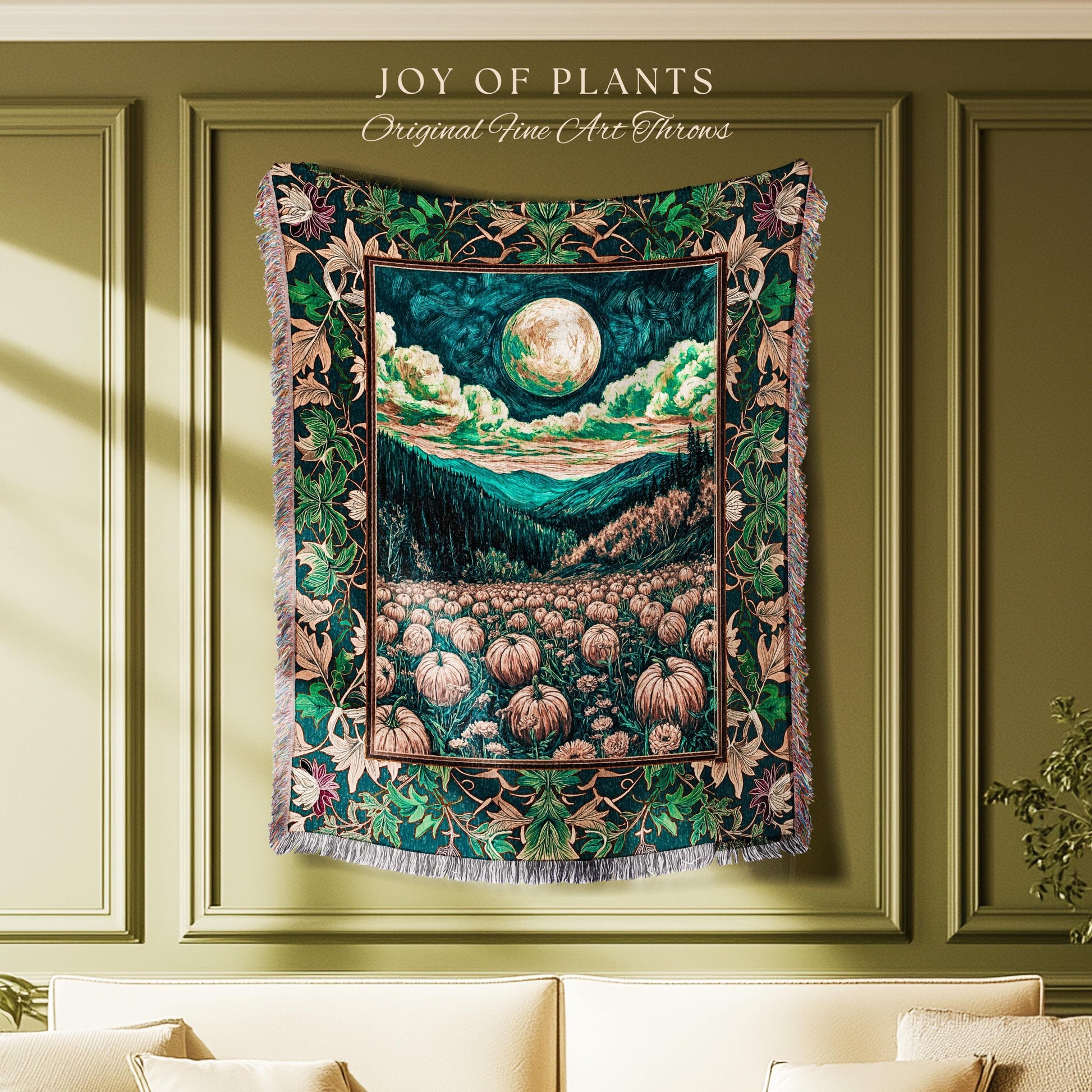 Elegant Harvest Moon Cozy Throw Blanket | Spooky Season Aesthetic Gothic Decor Whimsigoth Pumpkin Rustic Autumn Tapestry Witchy Landscape |