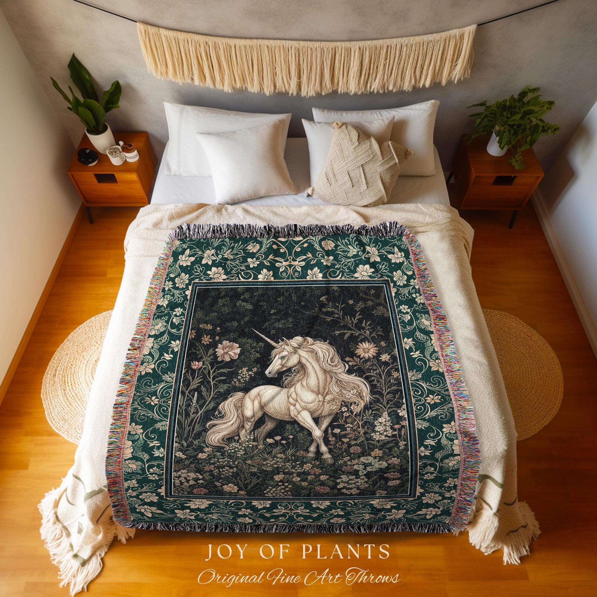 Magic Medieval Unicorn Woven Tapestry | Woodland Nature Vintage Aesthetic Throw Blanket Whimsical Decor Magic Cottagecore Magical Creatures