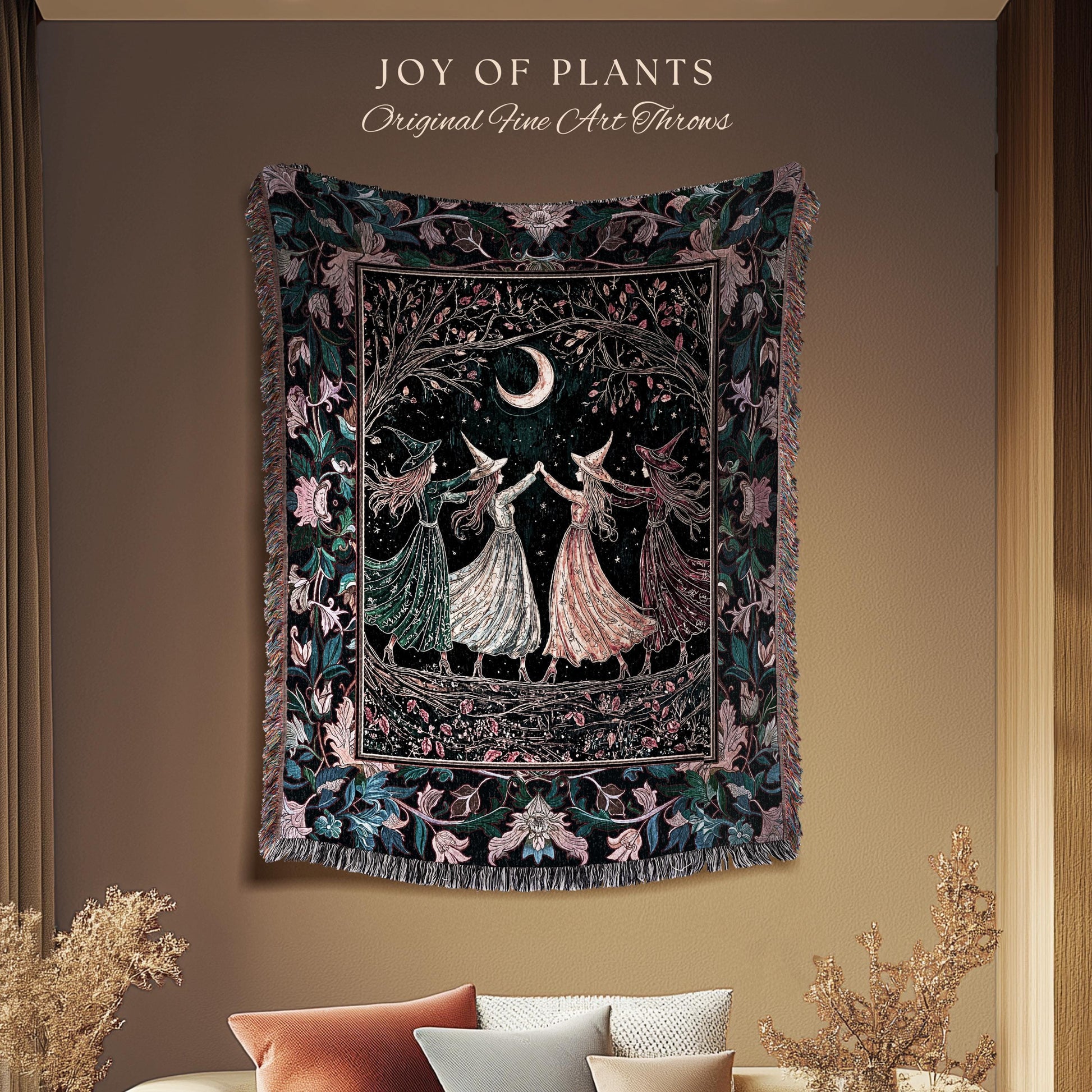 Mystic Midnight Witchcraft Throw Blanket | Whimsical Witch Circle Home Decor Storybook Aesthetic Woven Tapestry Witchy Academia Cozy Vibe |