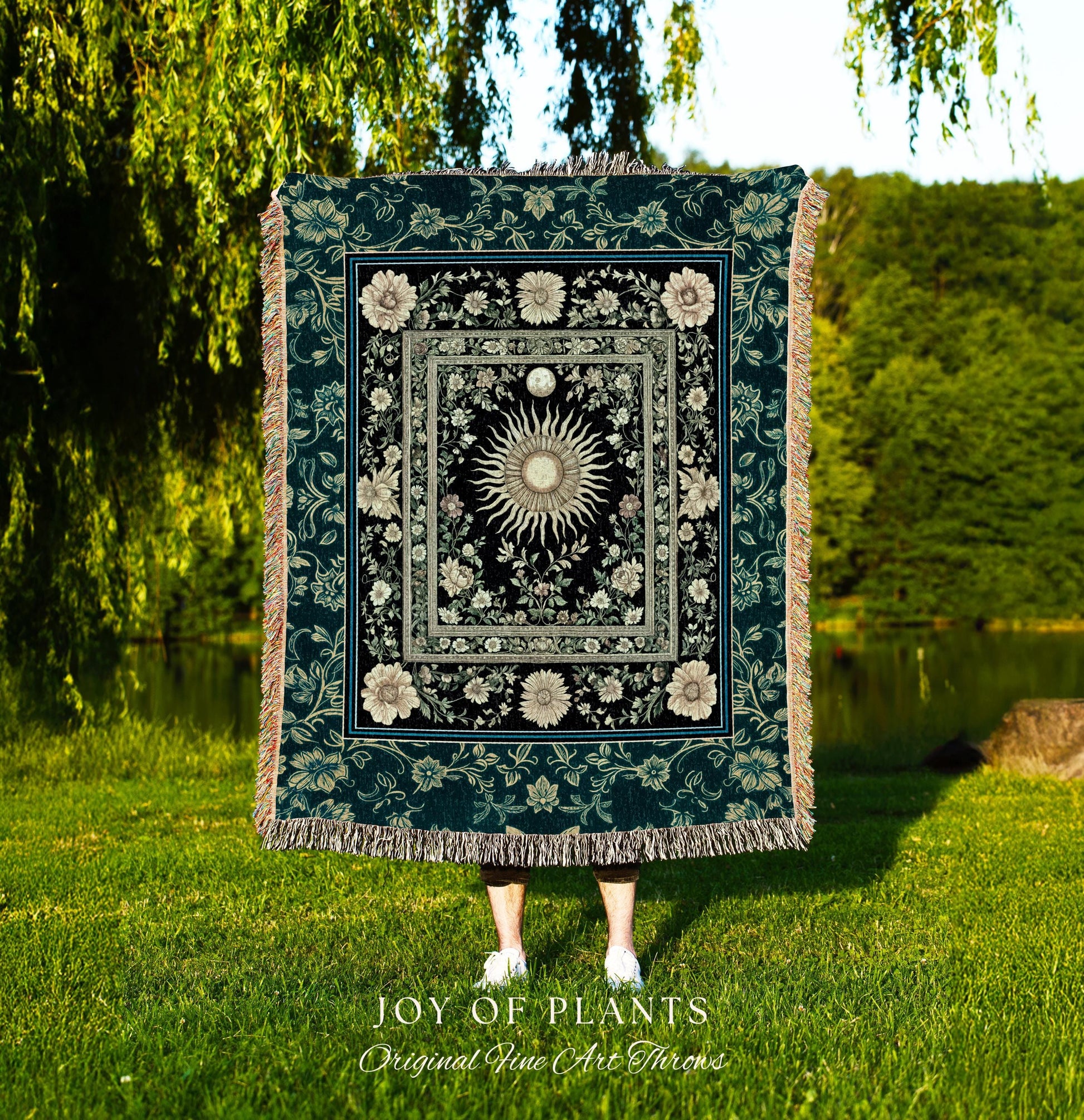 Witchy Celestial Sun Tapestry Woven | Magical Mystical Cozy Throw Blanket Astrology Tapestry Spiritual Golden Sun Dark Academia Maximalist |