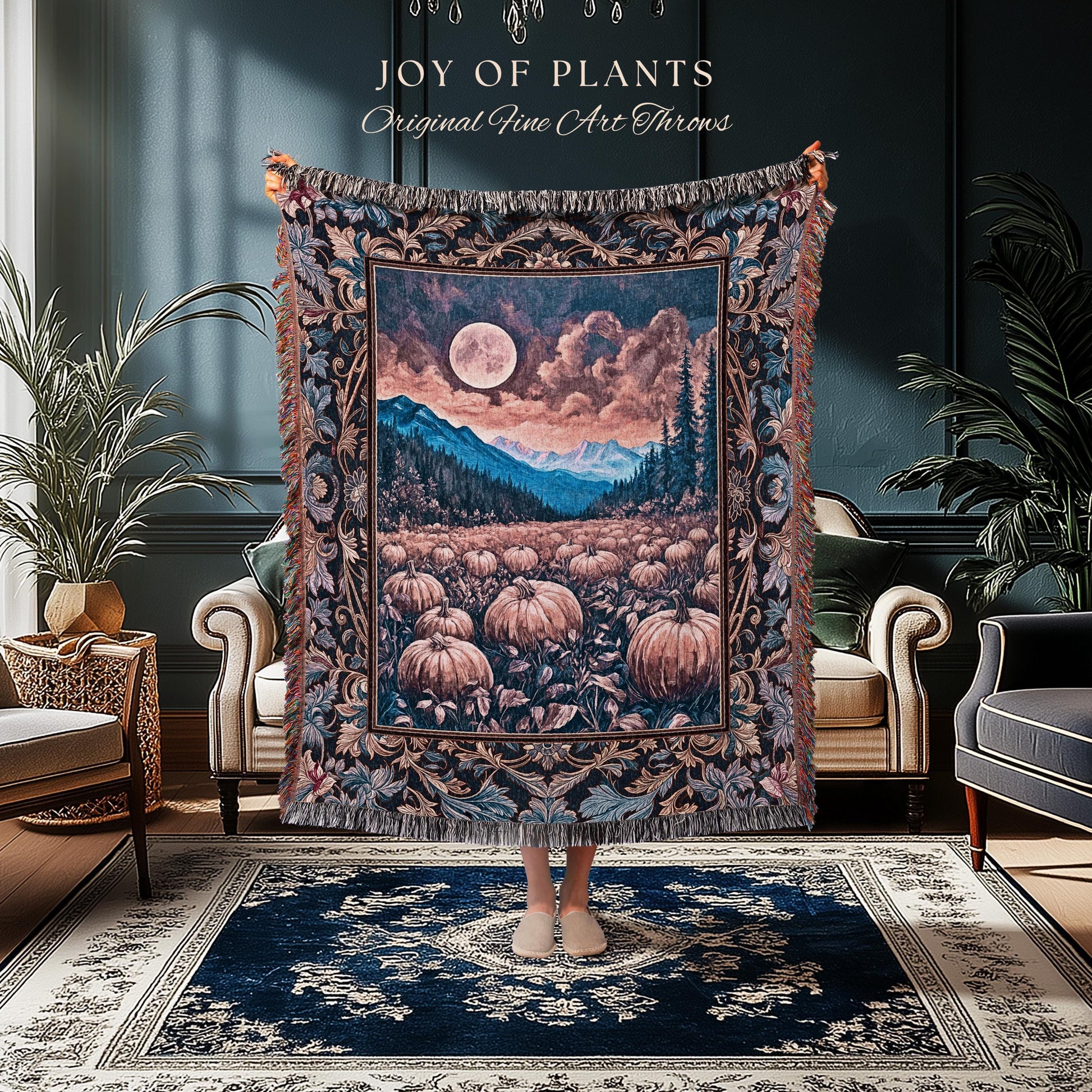 Pastel Dusk Moon Woven Tapestry | Autumn Aesthetic Gothiccore Throw Blanket Whimsigoth Pumpkin Patch Decor Fall Accent Rustic Halloween |