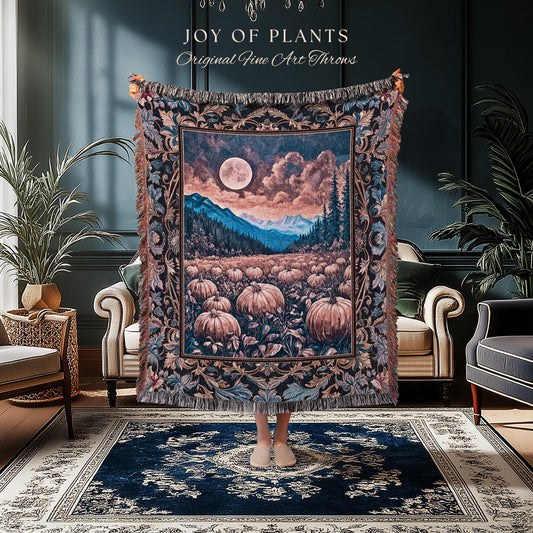 Pastel Dusk Moon Woven Tapestry | Autumn Aesthetic Gothiccore Throw Blanket Whimsigoth Pumpkin Patch Decor Fall Accent Rustic Halloween |