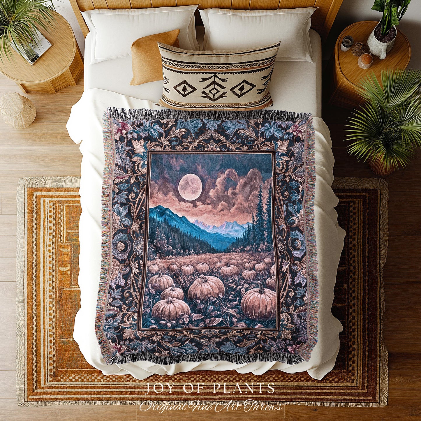 Pastel Dusk Moon Woven Tapestry | Autumn Aesthetic Gothiccore Throw Blanket Whimsigoth Pumpkin Patch Decor Fall Accent Rustic Halloween |