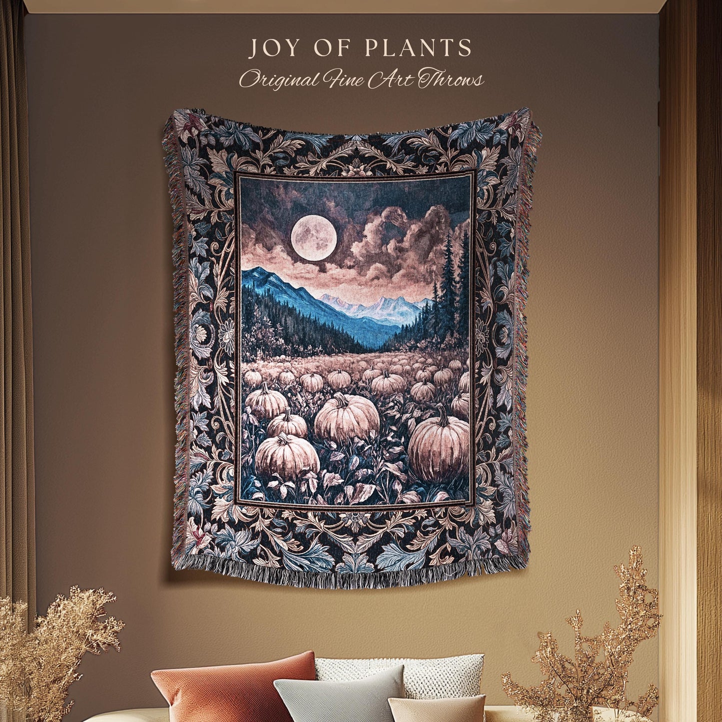 Pastel Dusk Moon Woven Tapestry | Autumn Aesthetic Gothiccore Throw Blanket Whimsigoth Pumpkin Patch Decor Fall Accent Rustic Halloween |