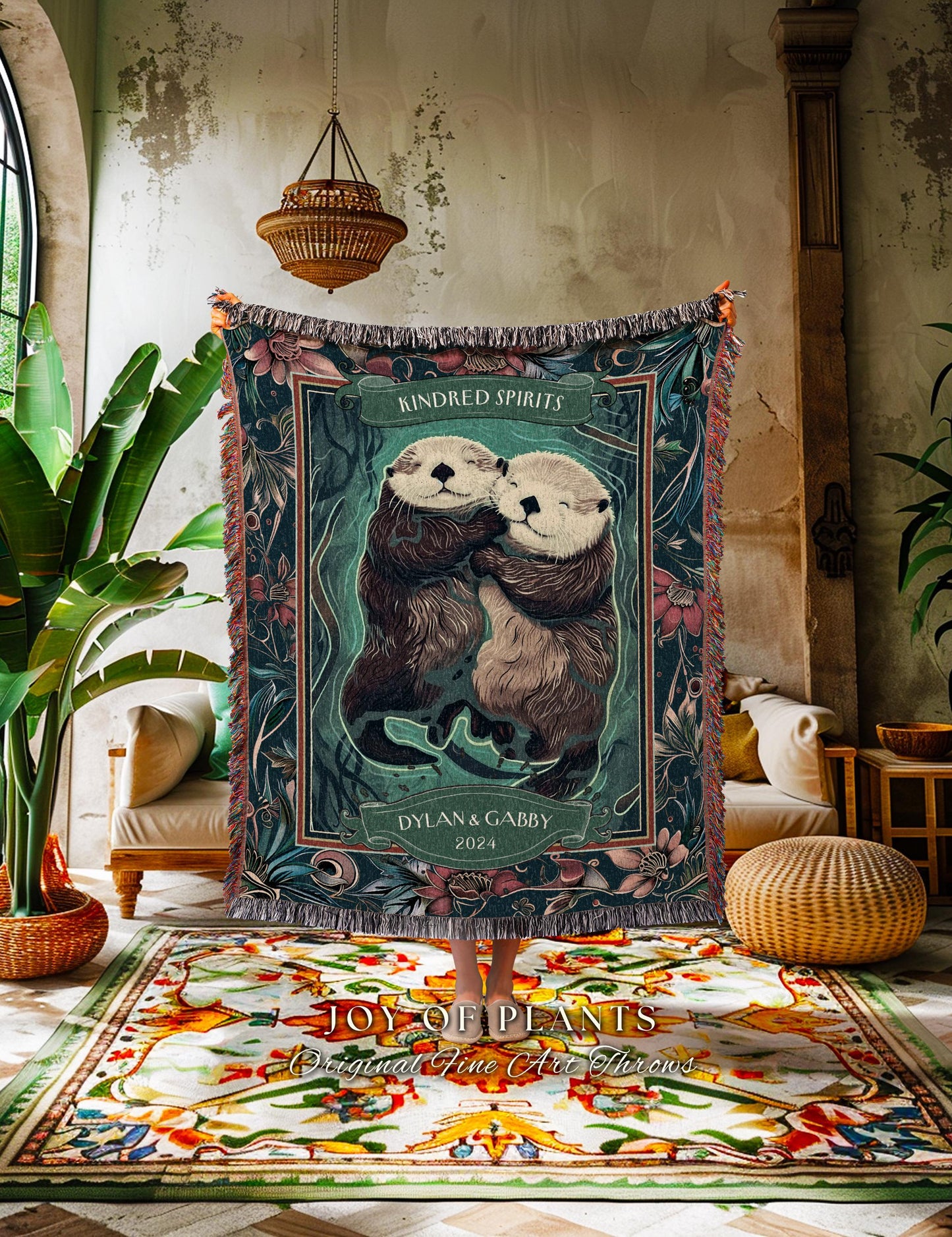 Otterly in Love Cute Couple Custom Gift | Boho Whimsical Wedding Anniversary Throw Blanket Personalized Saying Interlocking Otters Tapestry