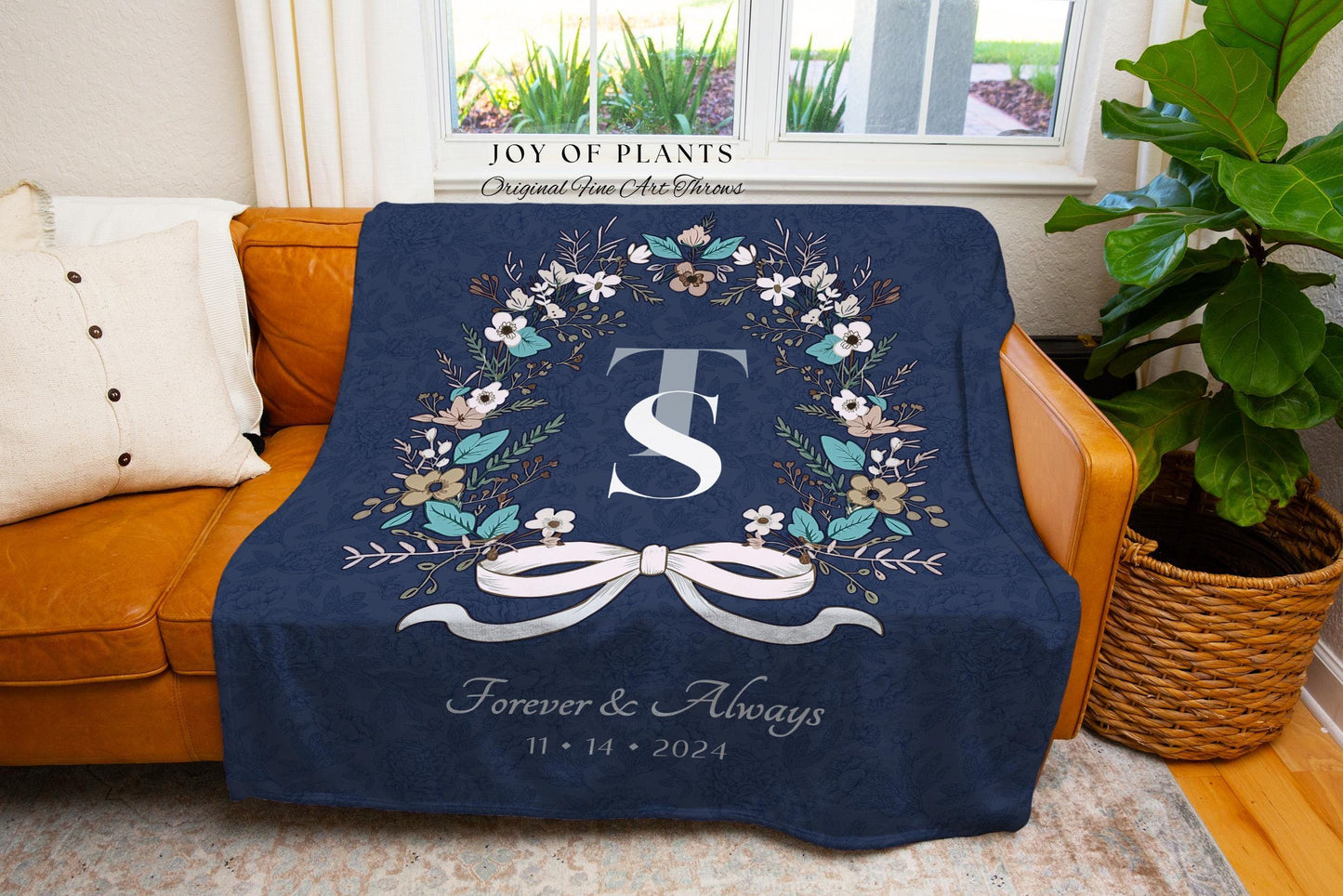 Farmhouse Wedding Wreath Blanket Custom | Rustic Tapestry Keepsake His and Hers Dating Anniversary Floral Wreath for Girlfriend Initials |